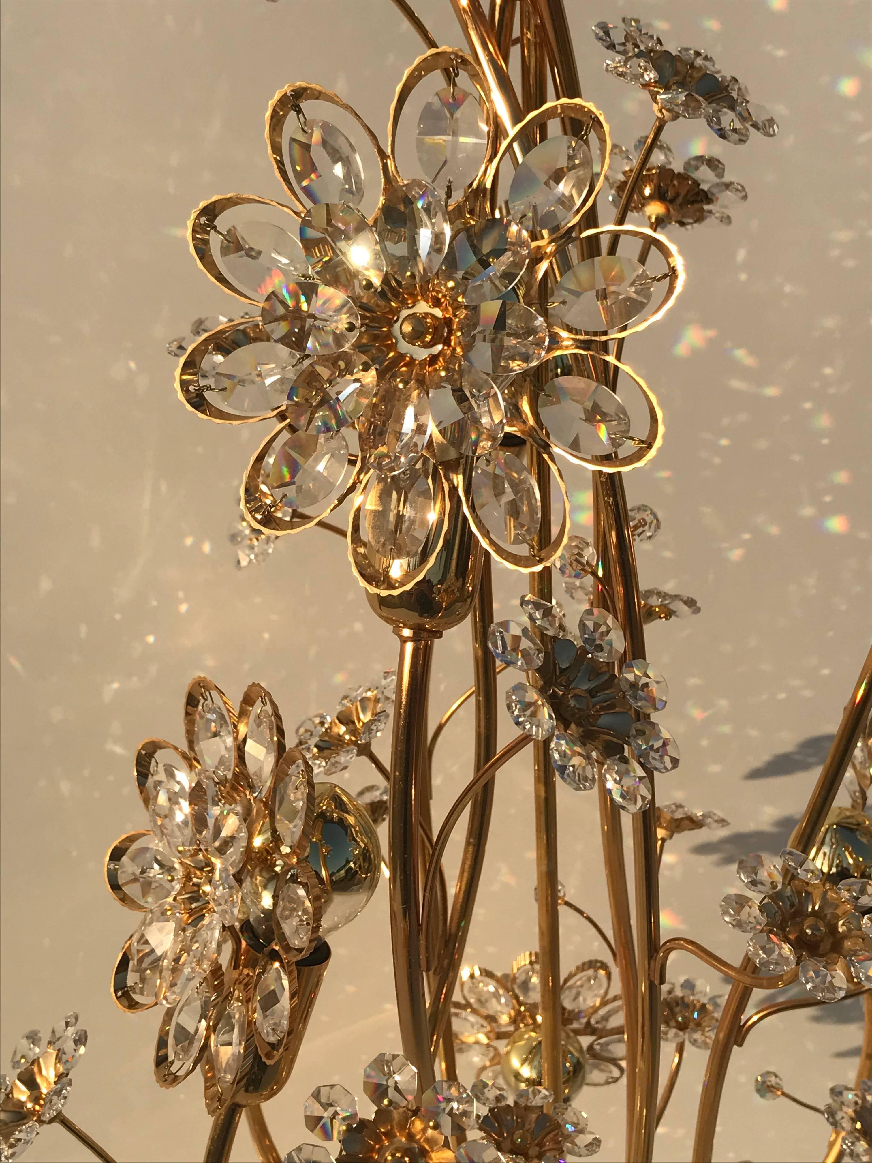 German Illuminated Crystal Flower and Brass Floor Lamp by Palwa For Sale