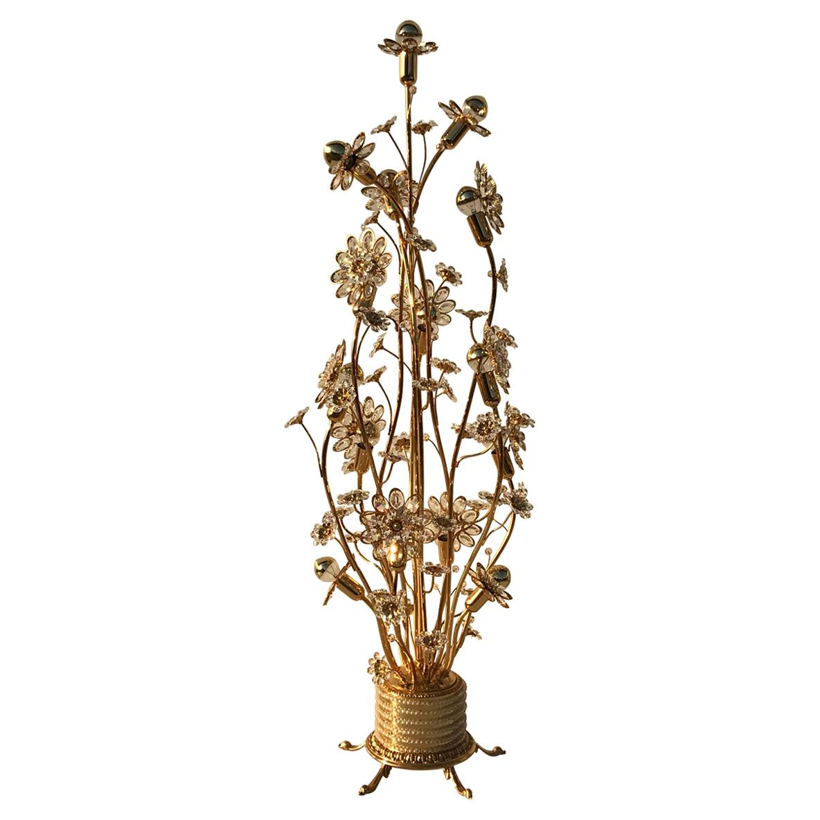 Illuminated Crystal Flower and Brass Floor Lamp by Palwa For Sale