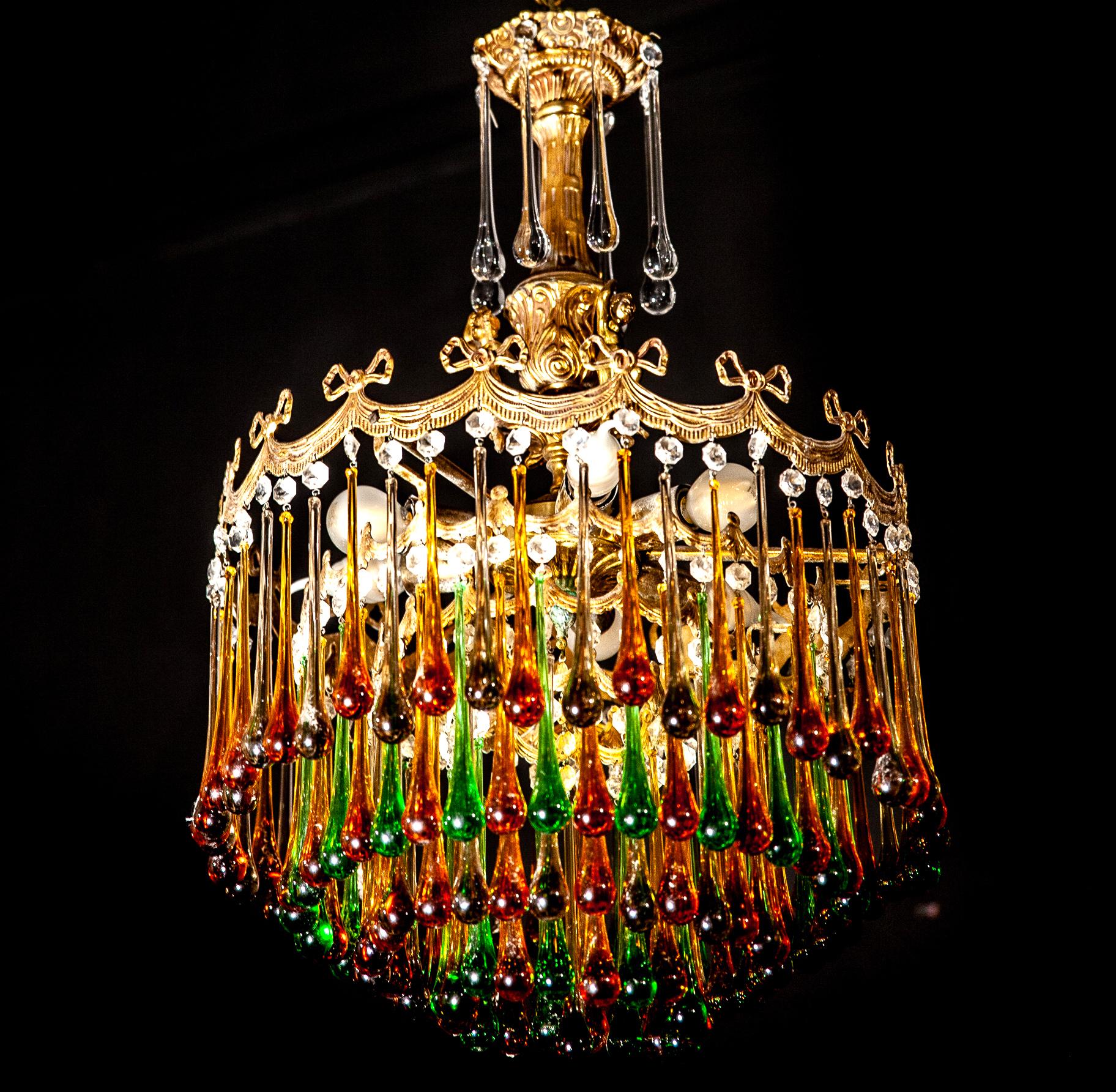 Enchanting Italian Brass and Multicolored Teardrop Chandelier, 1930s For Sale 4