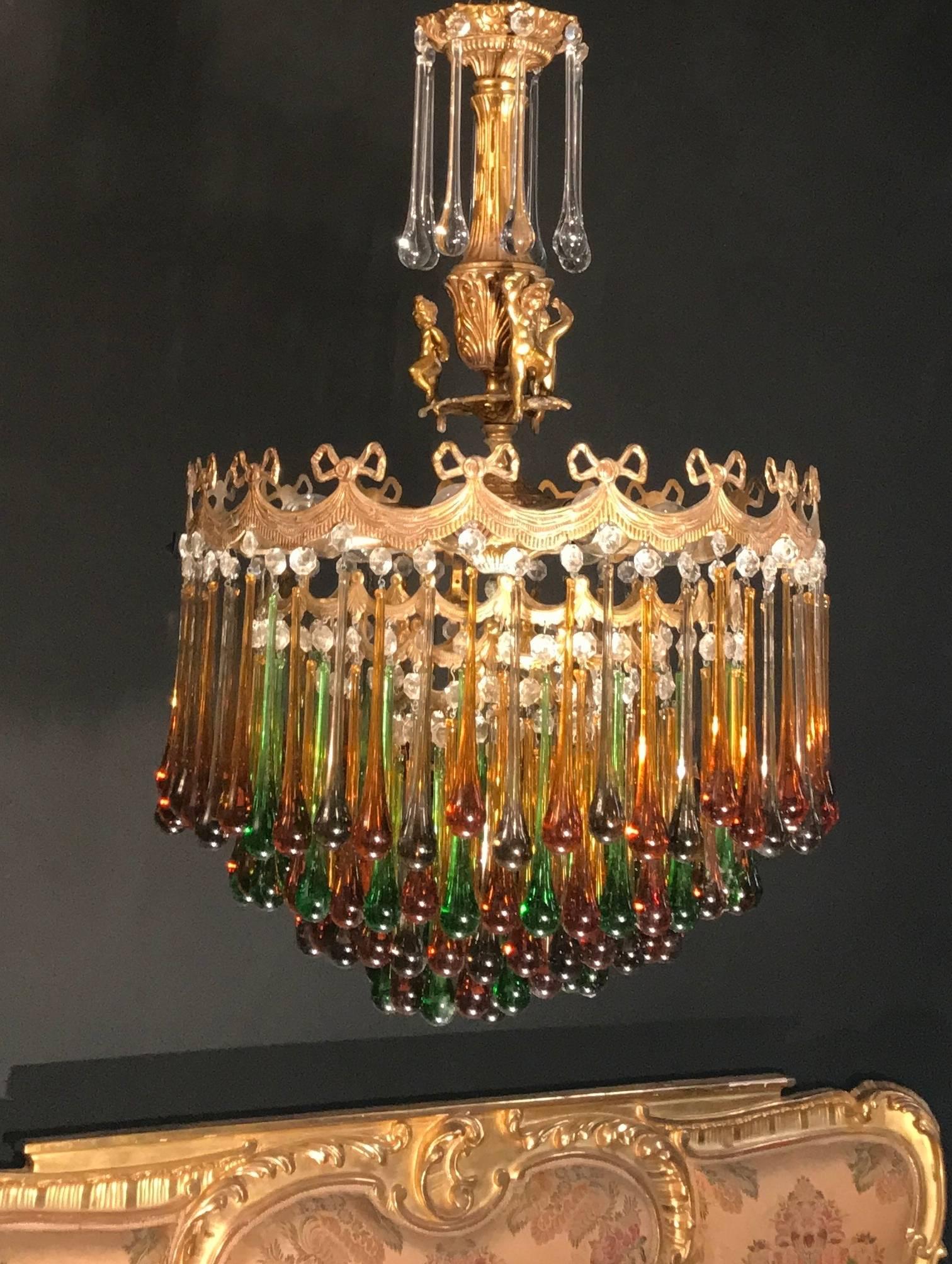 Enchanting Italian Brass and Multicolored Teardrop Chandelier, 1930s For Sale 5