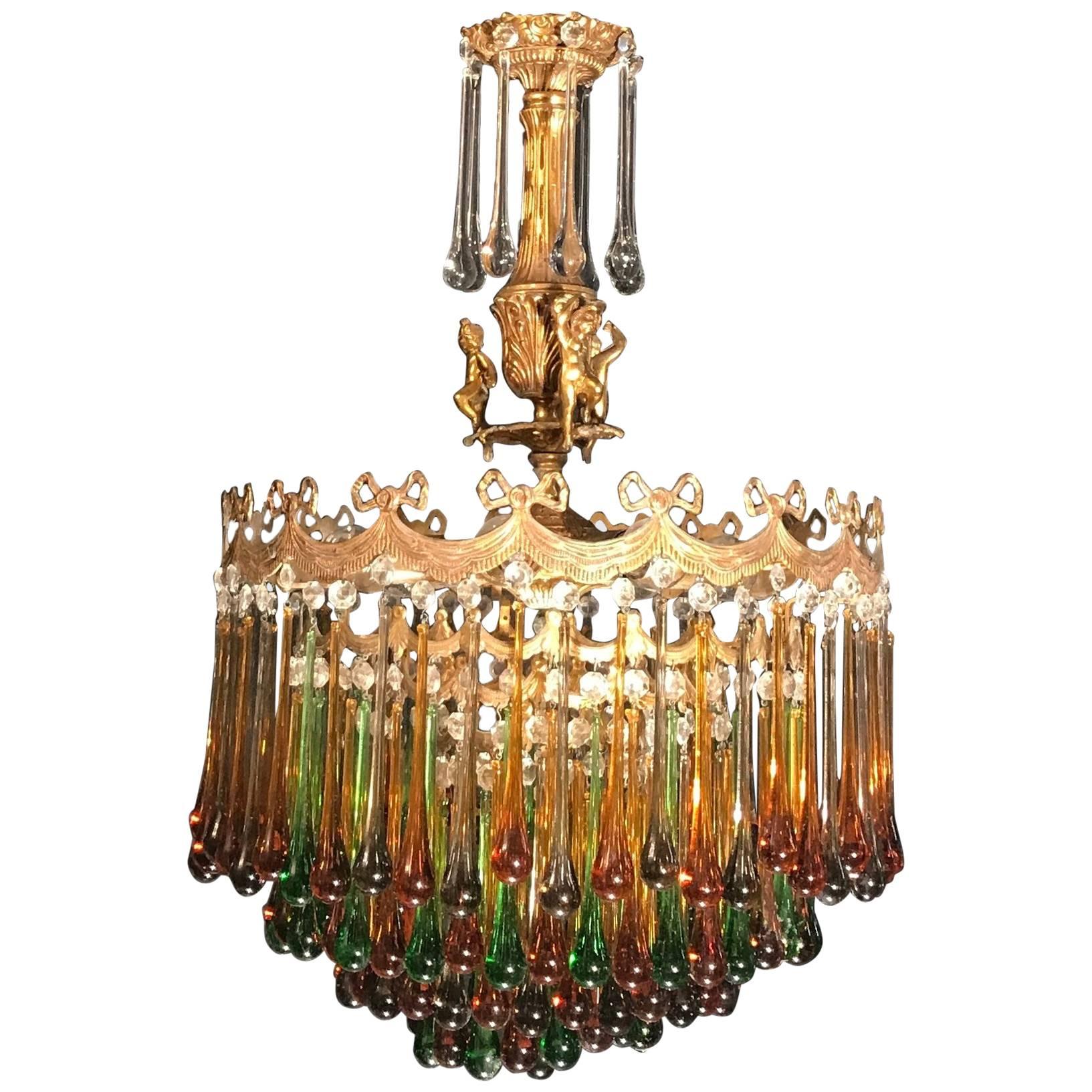 Enchanting Italian Brass and Multicolored Teardrop Chandelier, 1930s For Sale 7