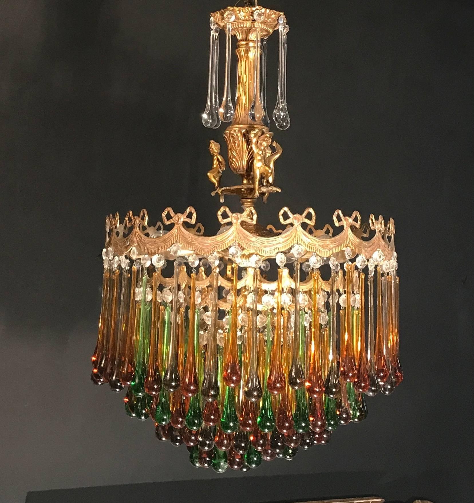 Enchanting Italian Brass and Multicolored Teardrop Chandelier, 1930s For Sale 10