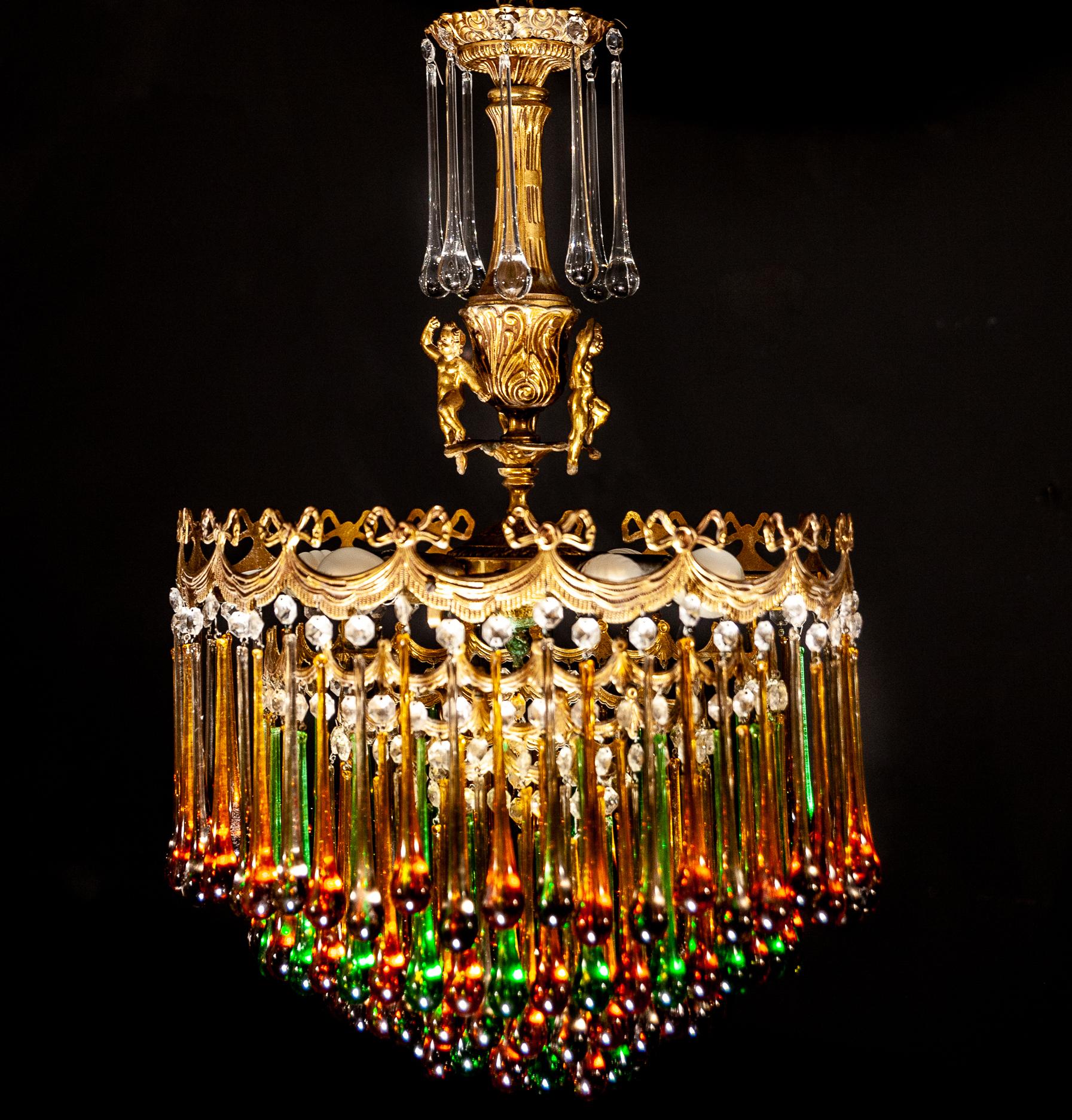 Enchanting Italian Brass and Multicolored Teardrop Chandelier, 1930s For Sale 11