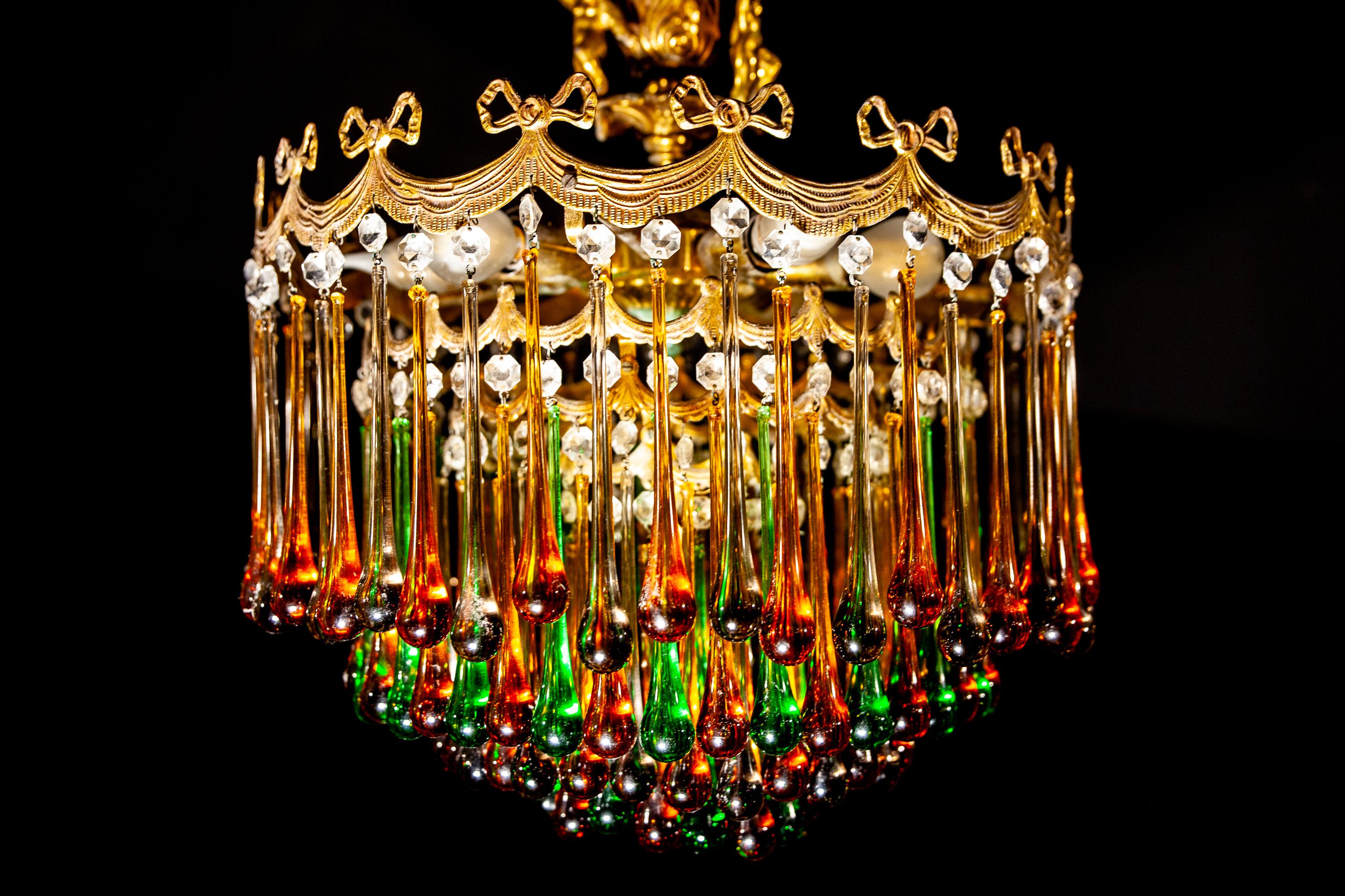 Enchanting Italian Brass and Multicolored Teardrop Chandelier, 1930s For Sale 15