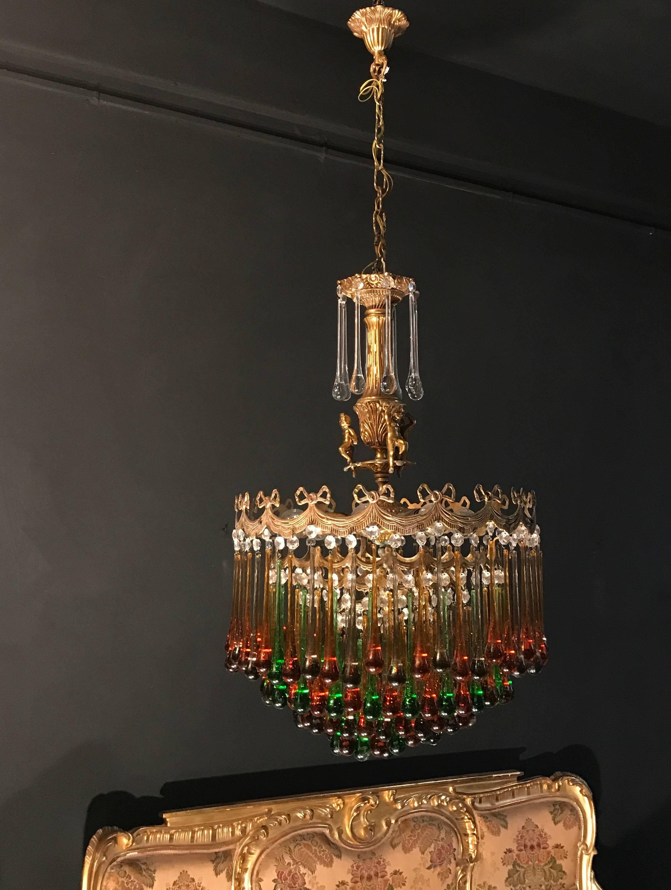 20th Century Enchanting Italian Brass and Multicolored Teardrop Chandelier, 1930s For Sale