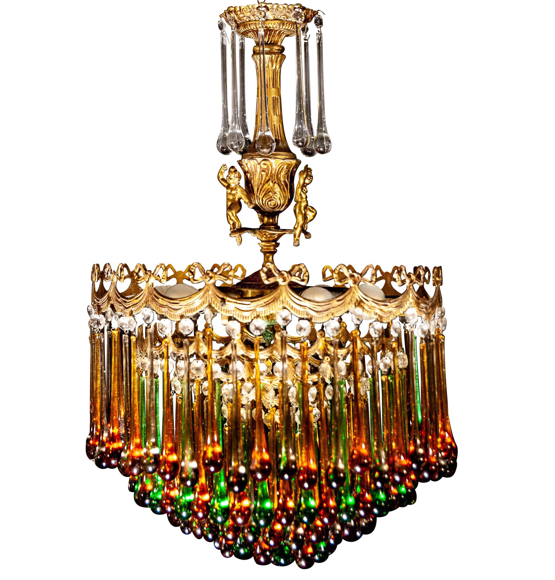 Enchanting Italian Brass and Multicolored Teardrop Chandelier, 1930s