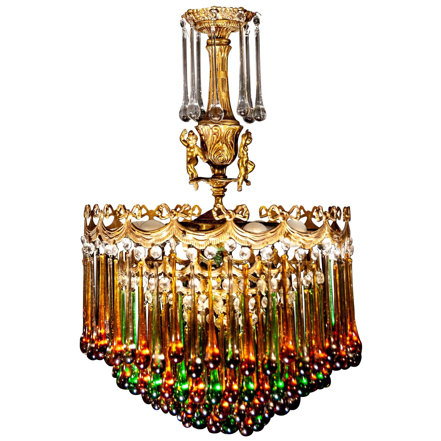 Enchanting Italian Brass and Multicolored Teardrop Chandelier, 1930s