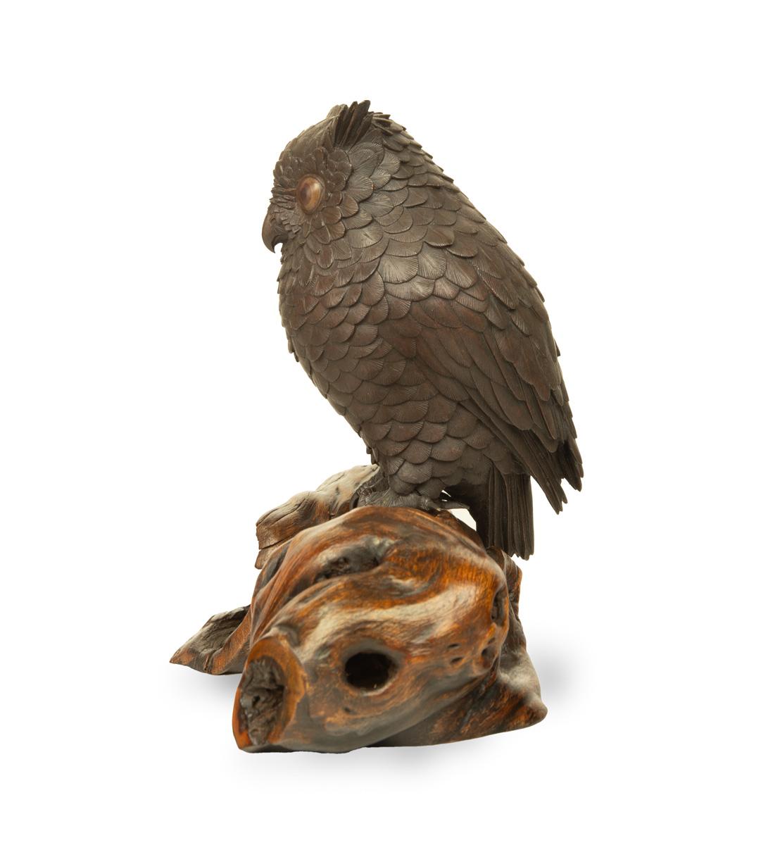 19th Century Enchanting Japanese Bronze Owl Okimono For Sale
