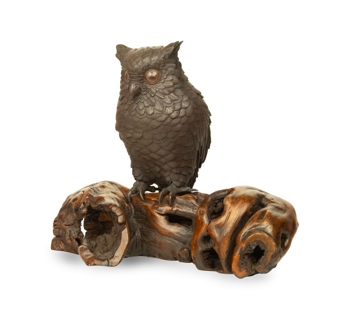 Enchanting Japanese Bronze Owl Okimono For Sale 1