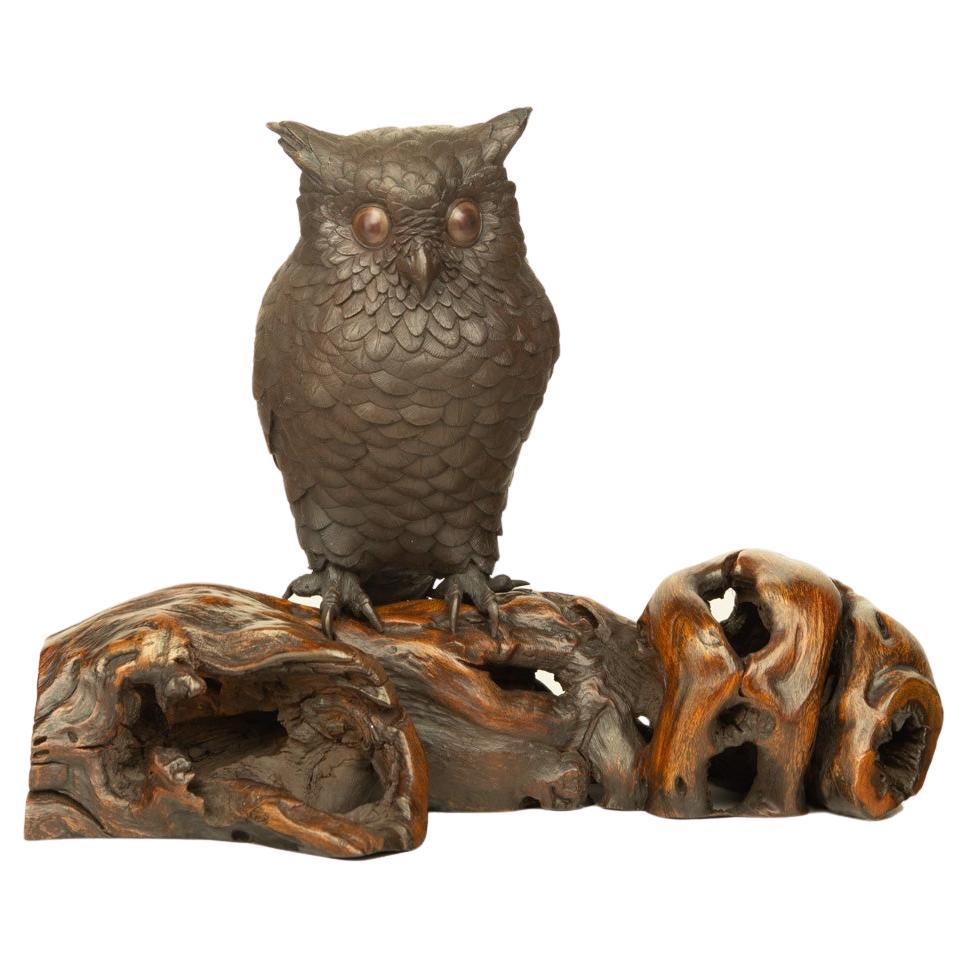 Enchanting Japanese Bronze Owl Okimono For Sale