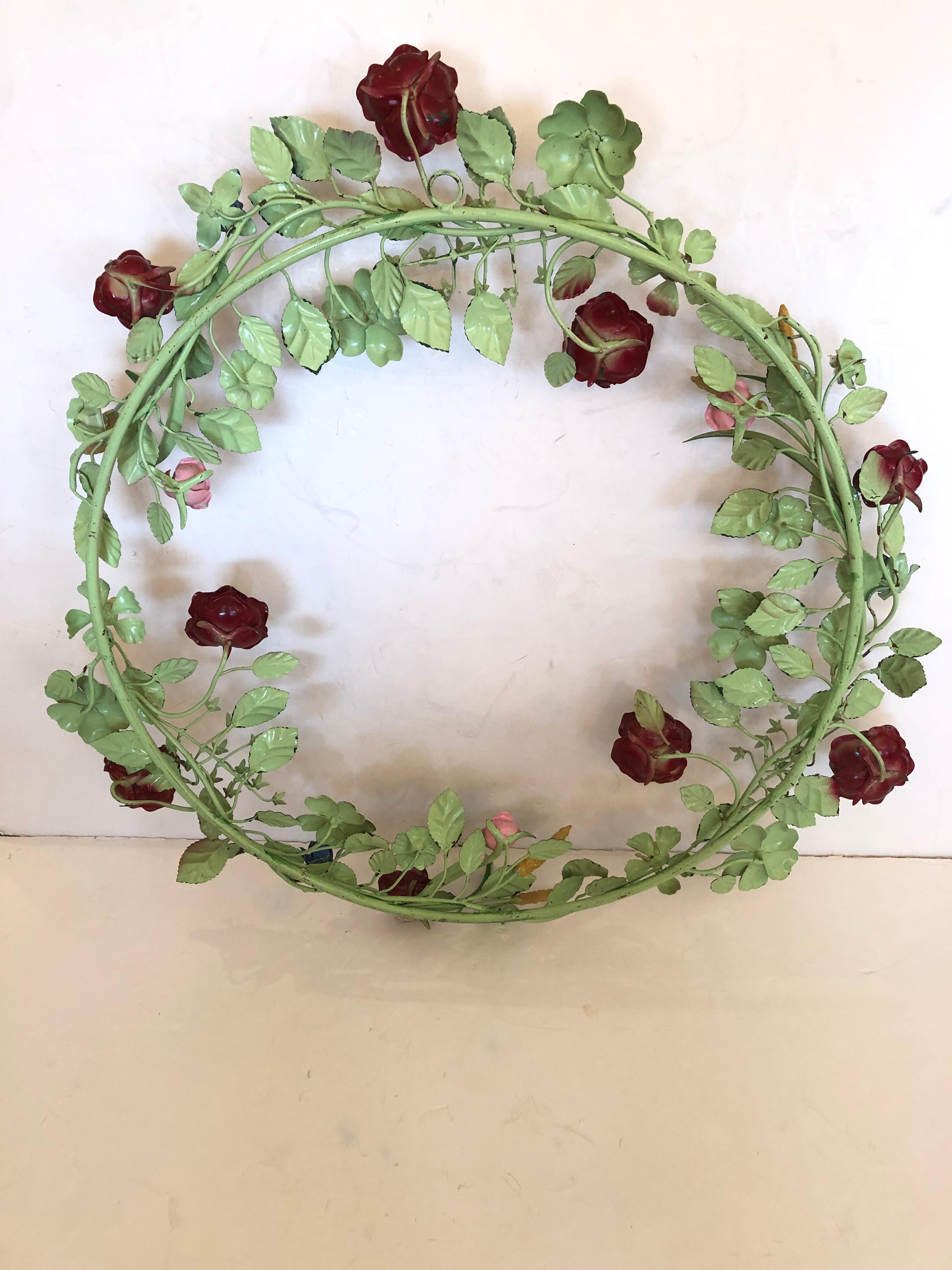 Enchanting Large Painted Iron & Tole Wreath Wall Sculpture For Sale 7