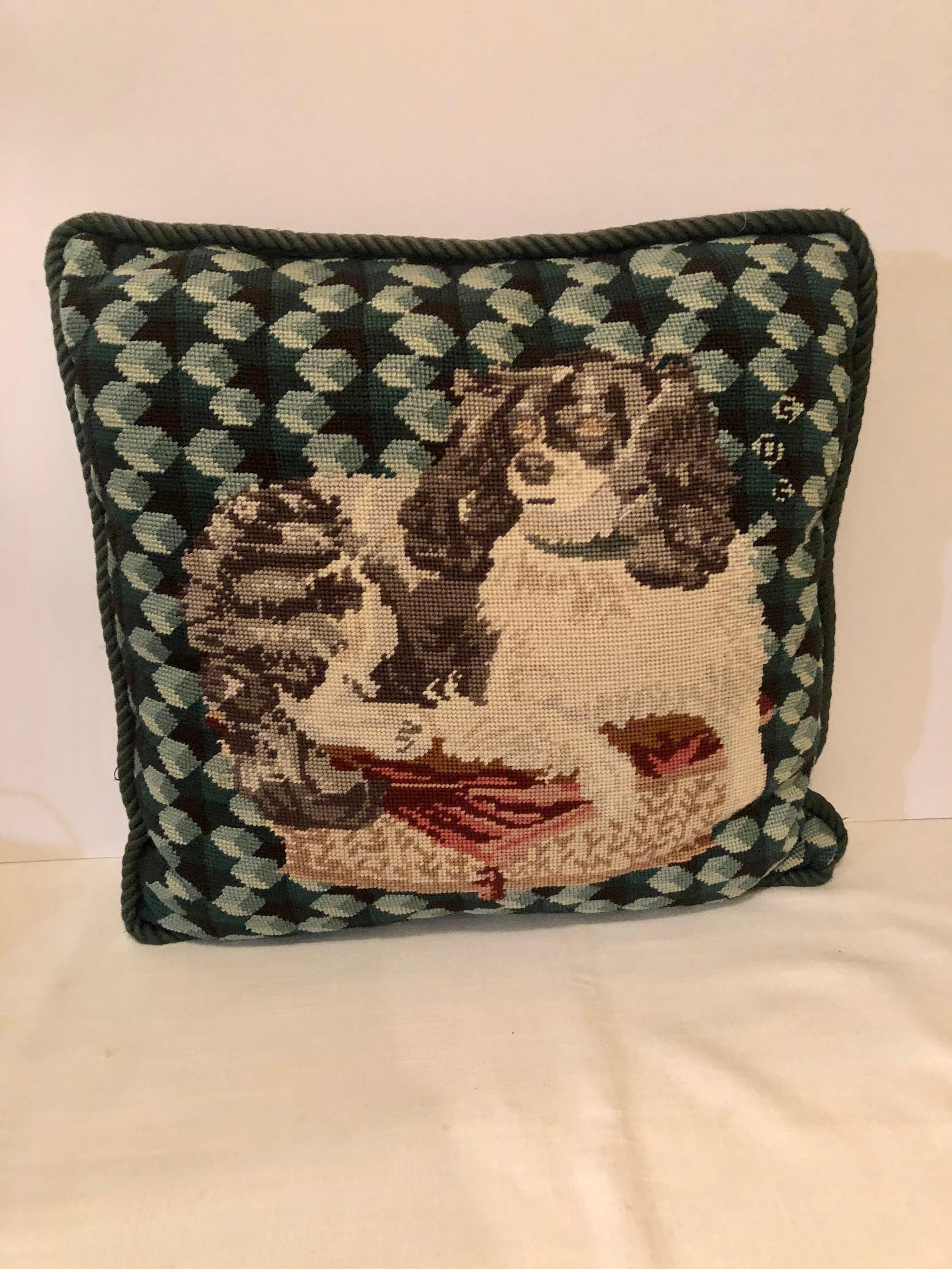 Victorian Enchanting Needlepoint Pillow Decorated with a Cavalier King Charles Spaniel