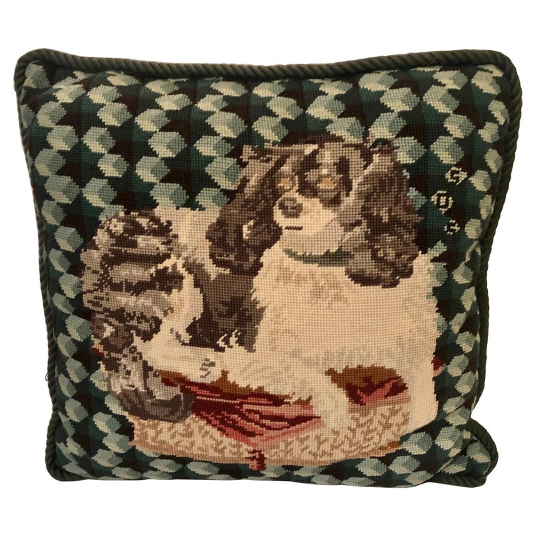 Enchanting Needlepoint Pillow Decorated with a Cavalier King Charles