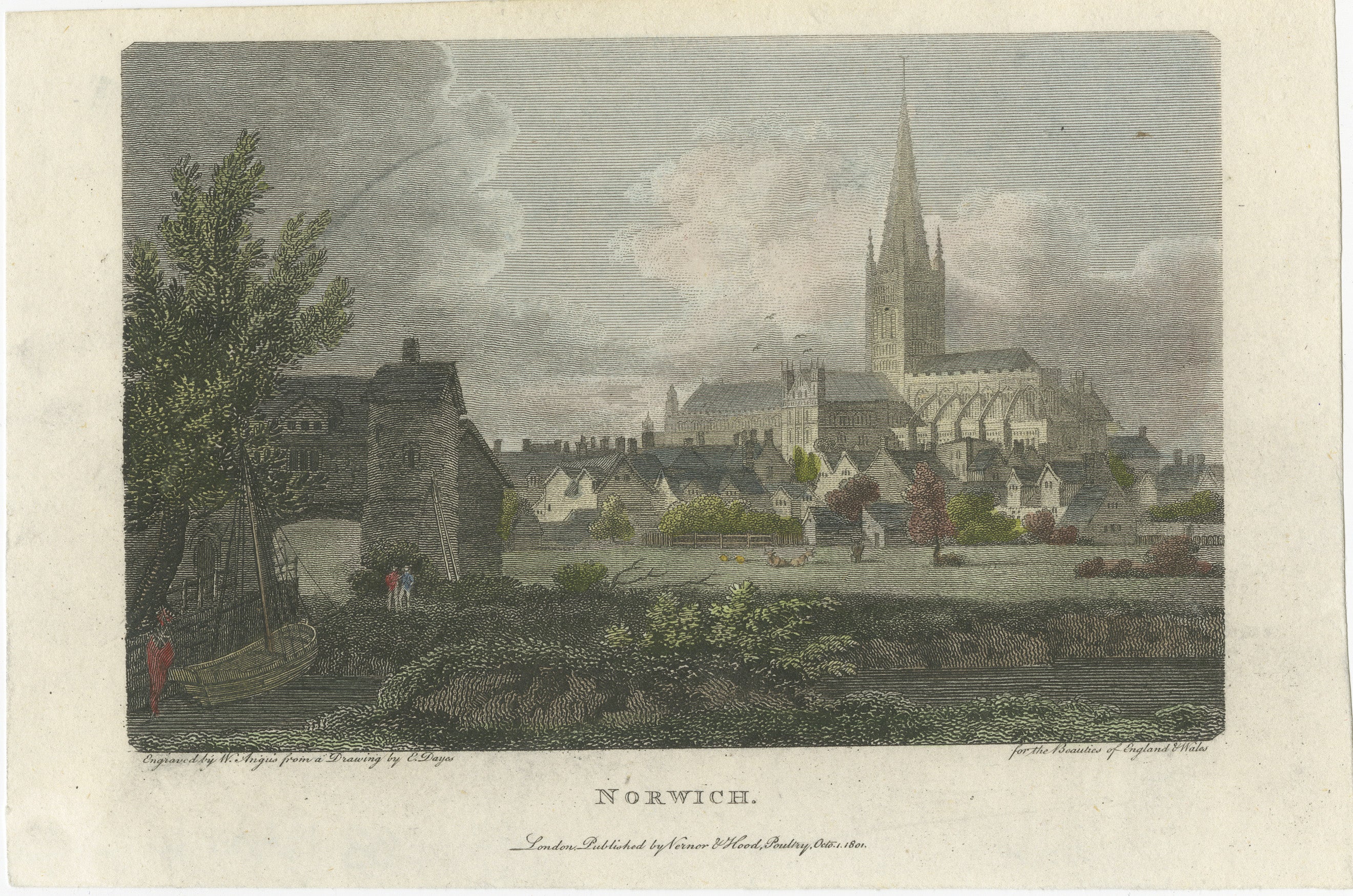 An original hand-colored engraving of Norwich in England. 

The text within the image provides several pieces of information about the print:

1. 