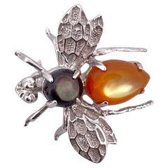 Enchanting Onyx "Cats Eye" Bee Brooch in 14K White Gold