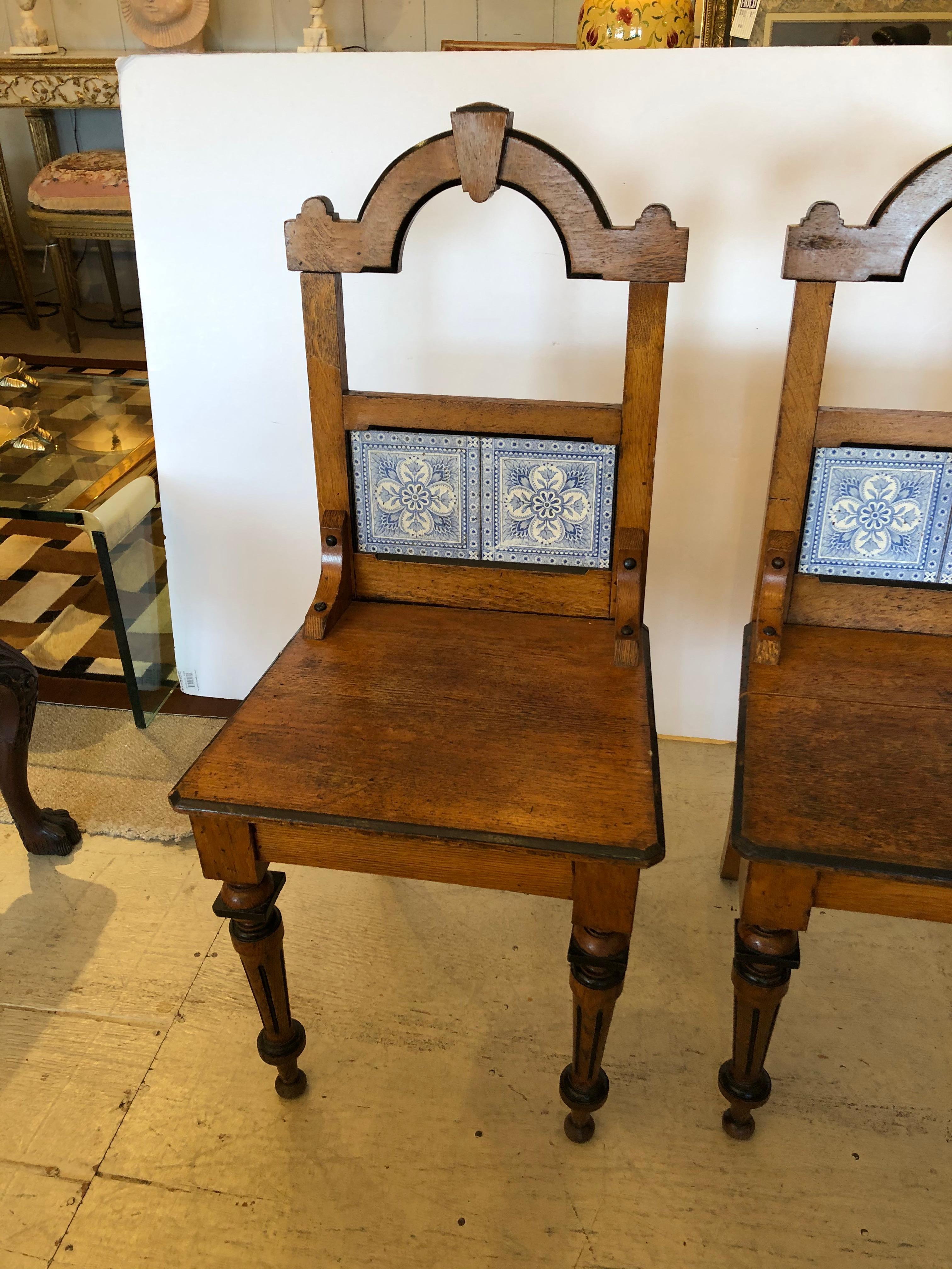 Arts and Crafts Enchanting Rare Pair of French Oak and Tile Arts & Crafts Side Chairs
