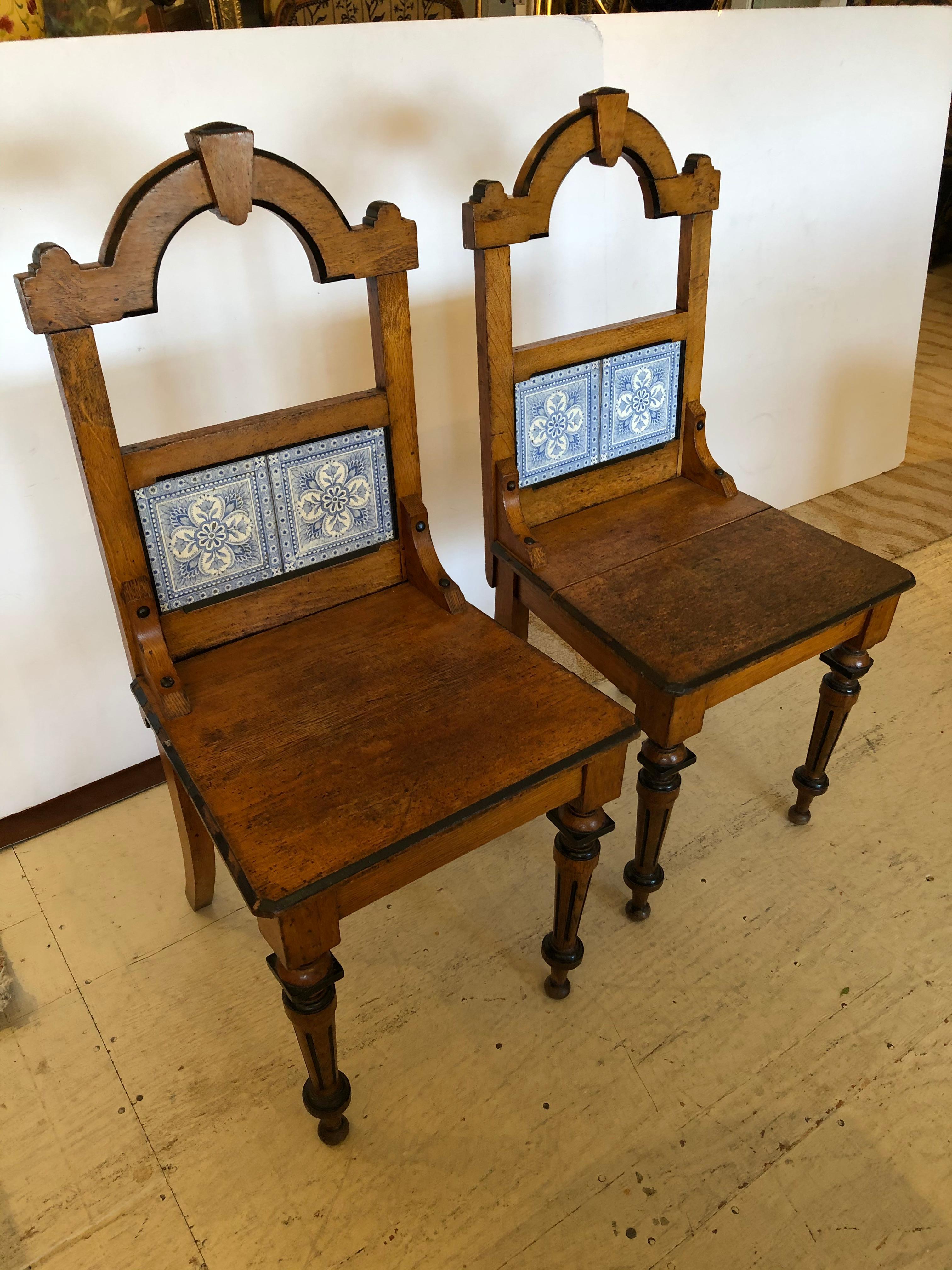 19th Century Enchanting Rare Pair of French Oak and Tile Arts & Crafts Side Chairs