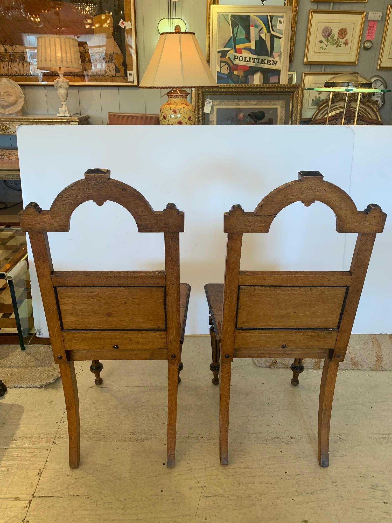 Enchanting Rare Pair of French Oak and Tile Arts & Crafts Side Chairs 3