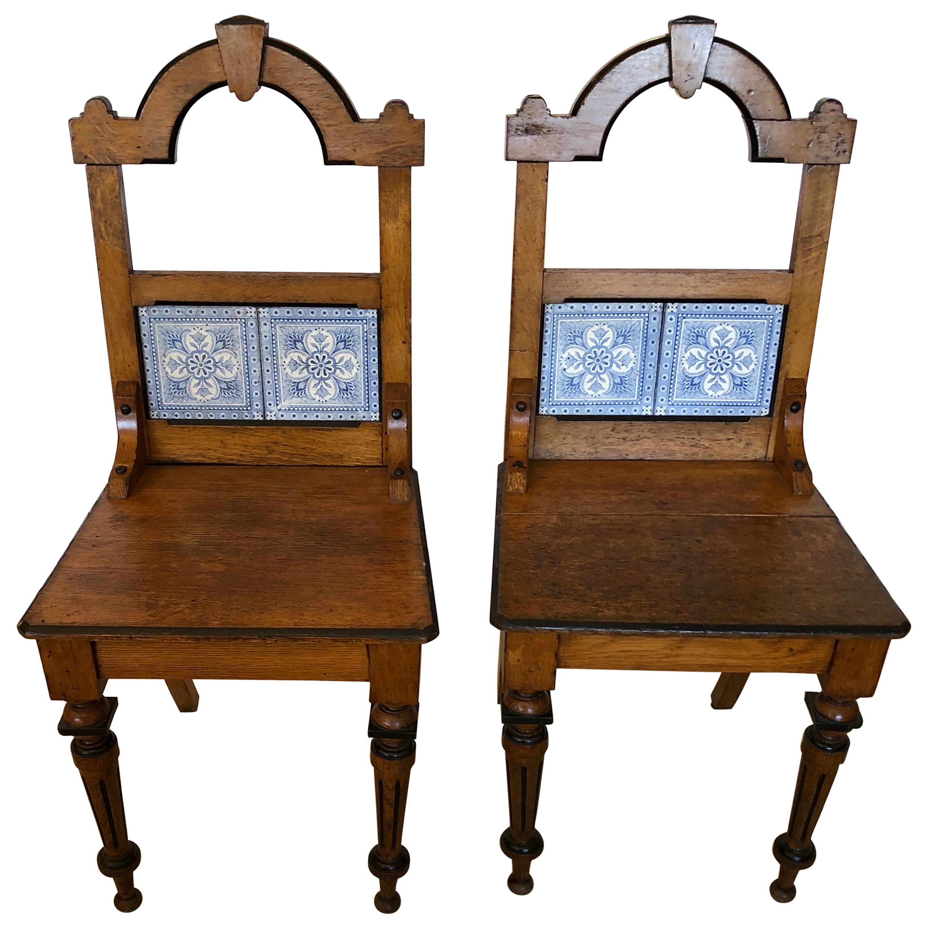 Enchanting Rare Pair of French Oak and Tile Arts & Crafts Side Chairs