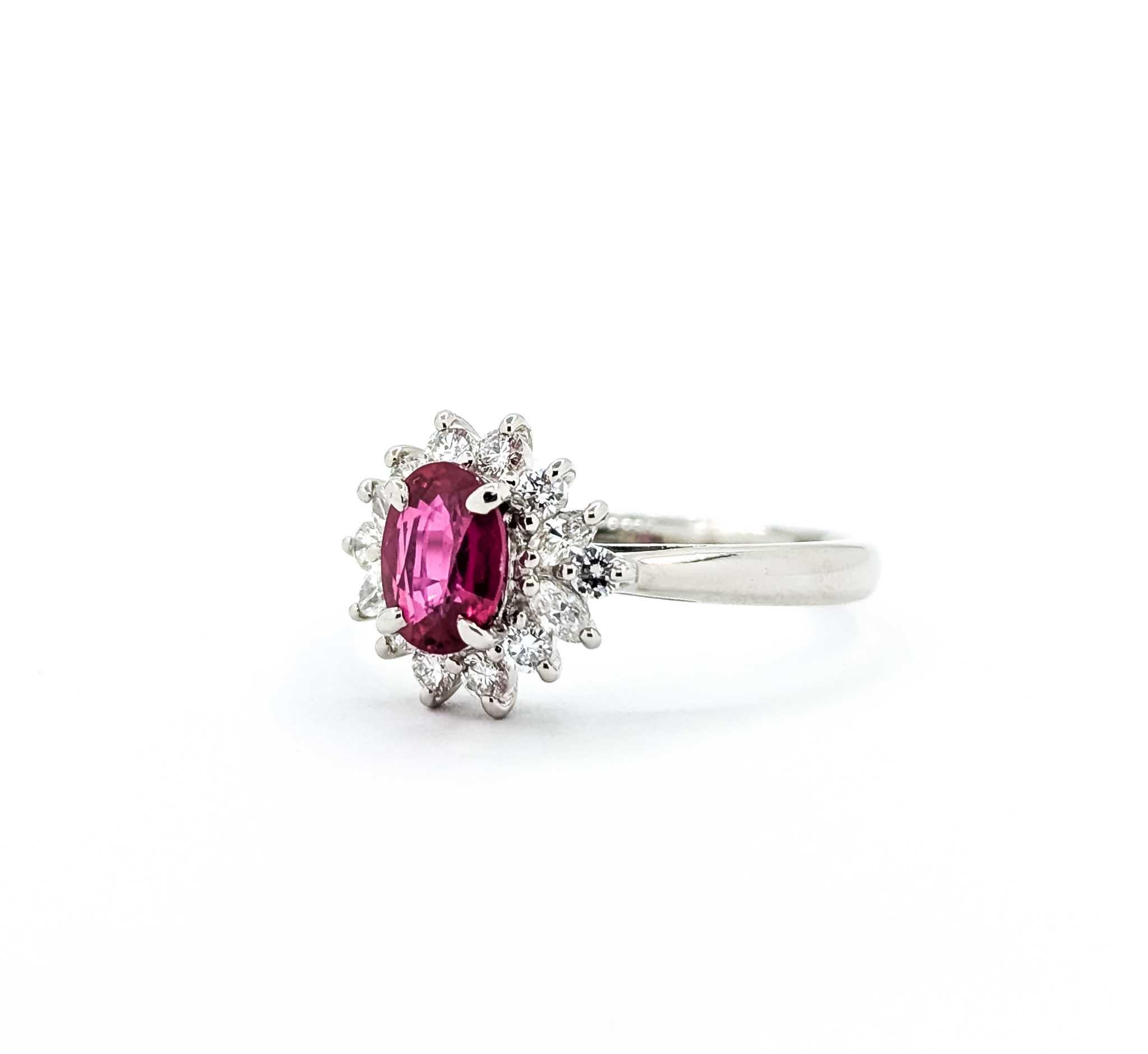 Contemporary Enchanting Ruby and Diamond Ring in 900pt Halo Setting For Sale