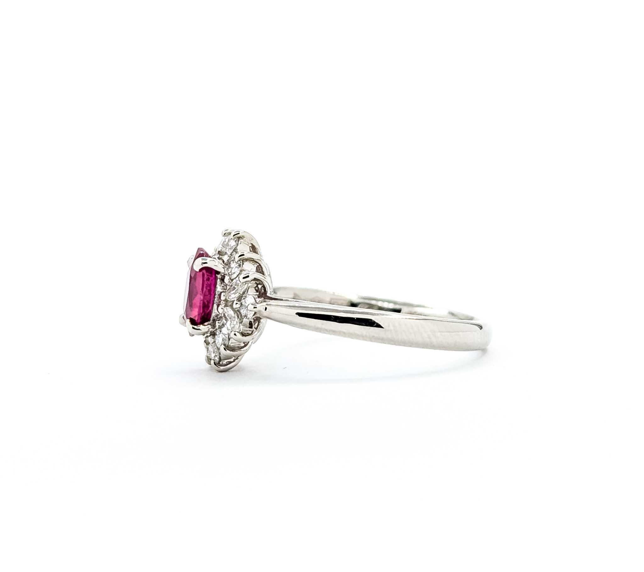 Round Cut Enchanting Ruby and Diamond Ring in 900pt Halo Setting For Sale