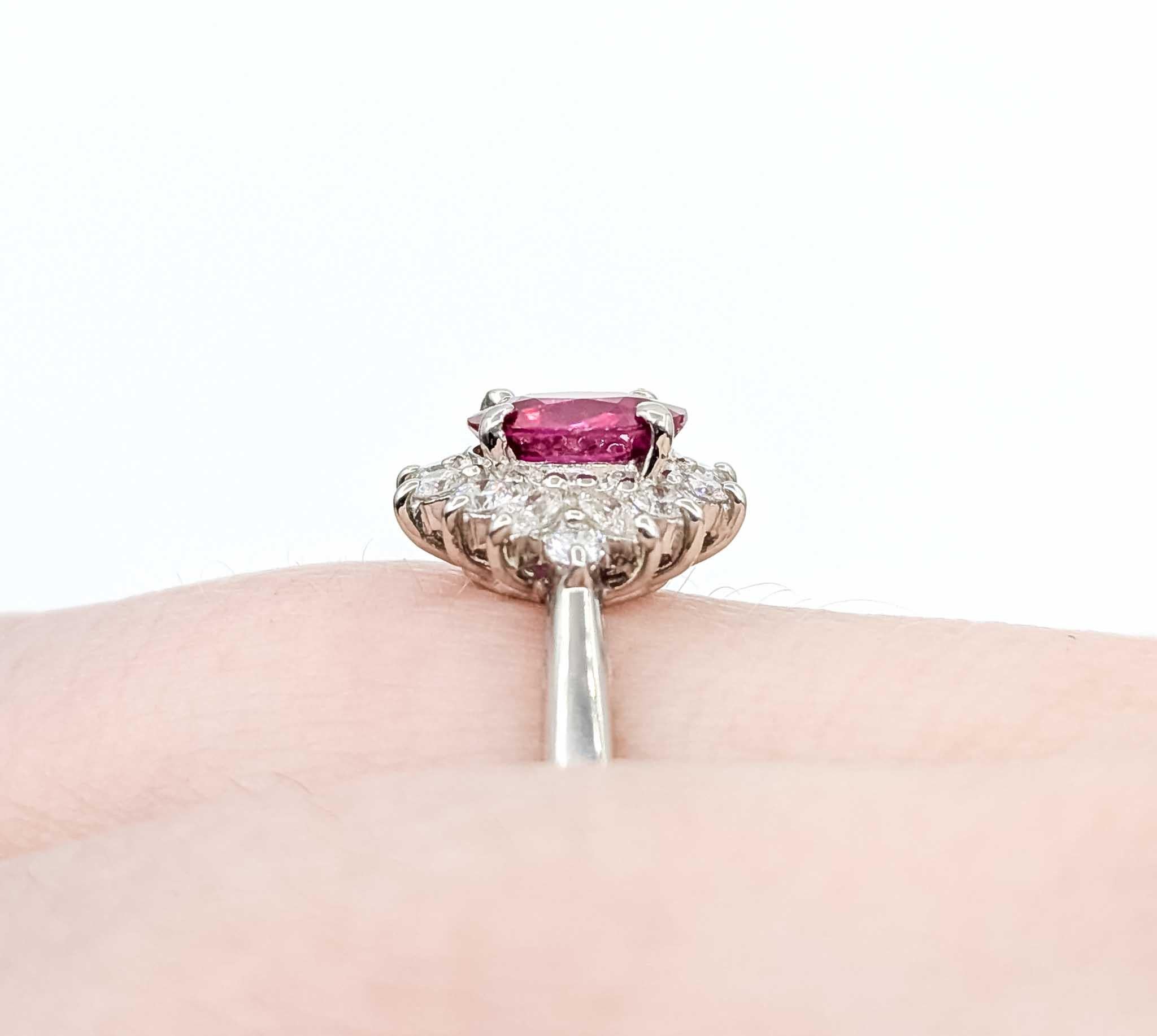 Enchanting Ruby and Diamond Ring in 900pt Halo Setting For Sale 1