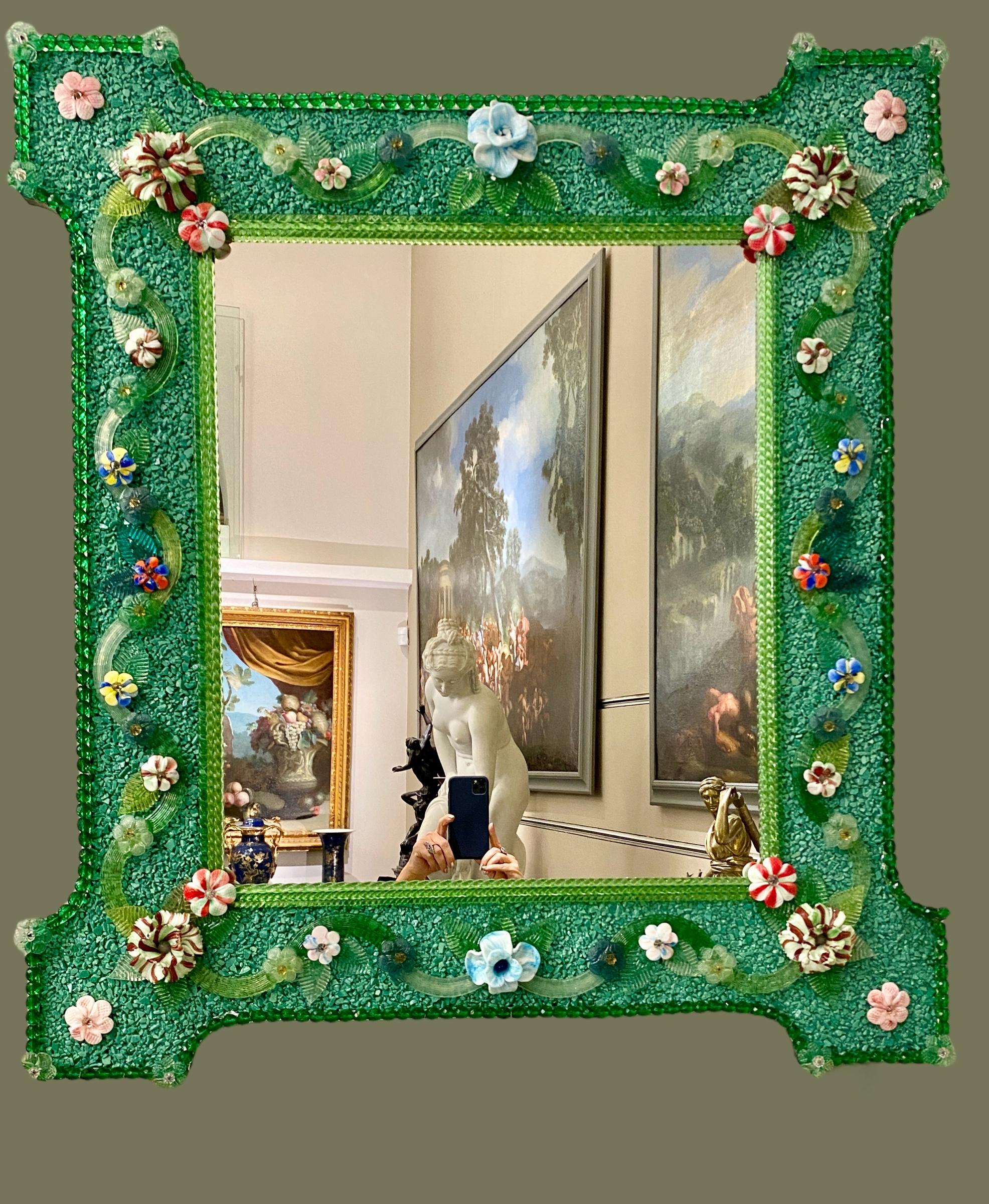 Enchanting Venetian Murano Glass Mirror with Multicolor Flowers For Sale 4