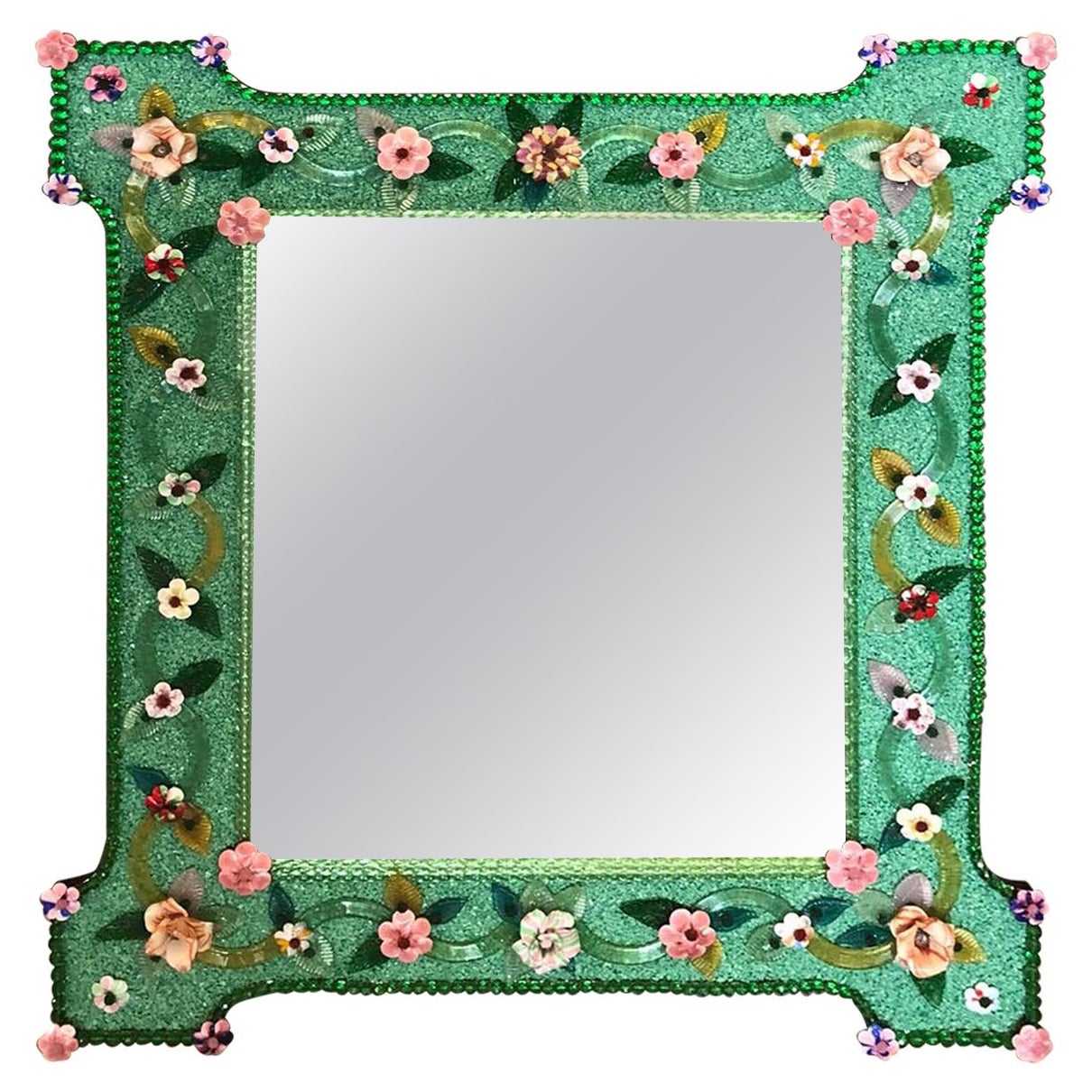Incantevole specchio in vetro di Murano con fiori multicolore In condizioni ottime in vendita a Rome, IT
