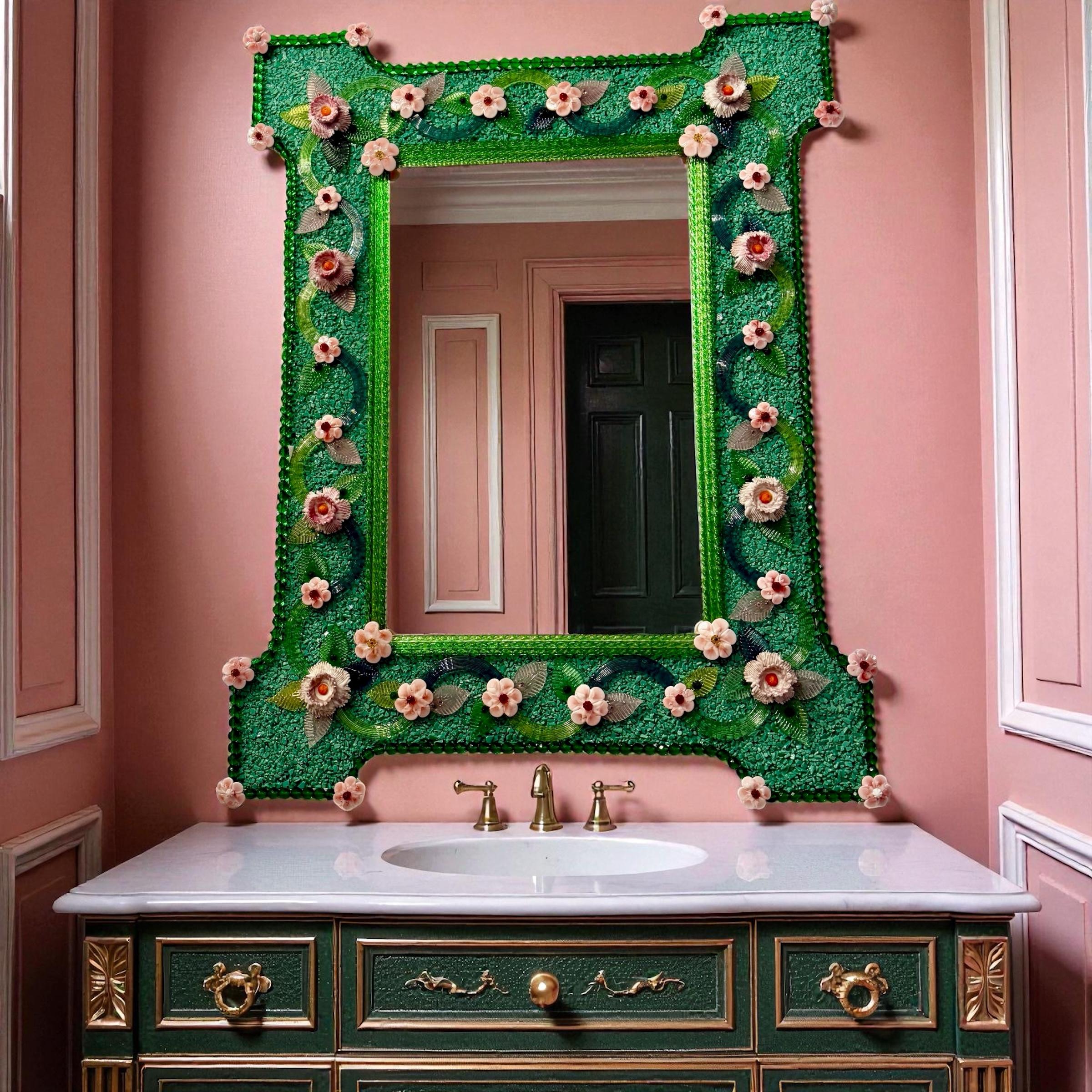 Miroir vénitien en verre de Murano avec fleurs roses en vente 8