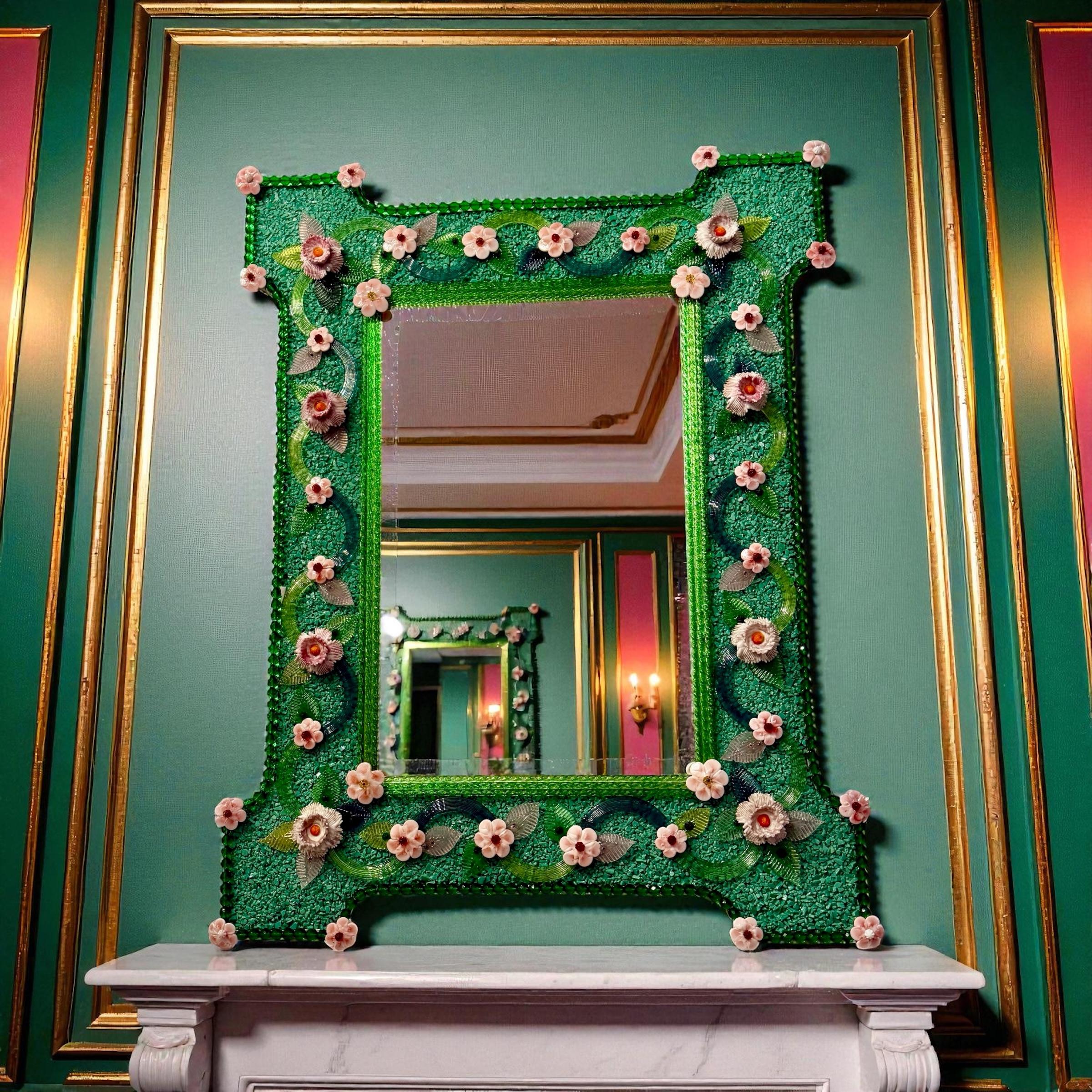 Miroir vénitien en verre de Murano avec fleurs roses en vente 9