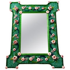Enchanting Venetian Murano Glass Mirror with Pink Flowers