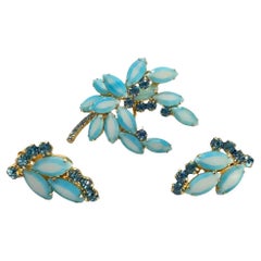 Enchanting Vintage Blue and White Ombre Glass Pin & Earring Set