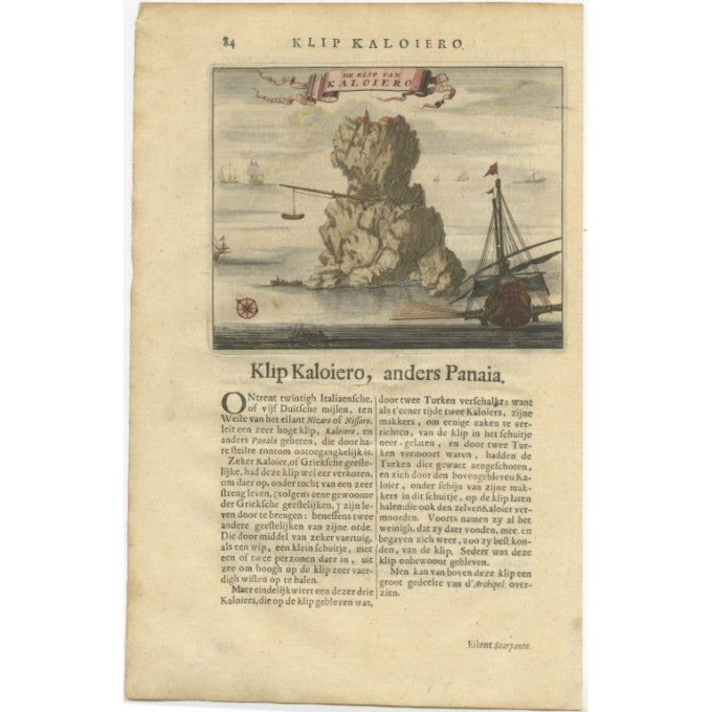 Encolored Engraving of Cliff Kaloiero or Caloiero Island, Panaia, Greece, 1688