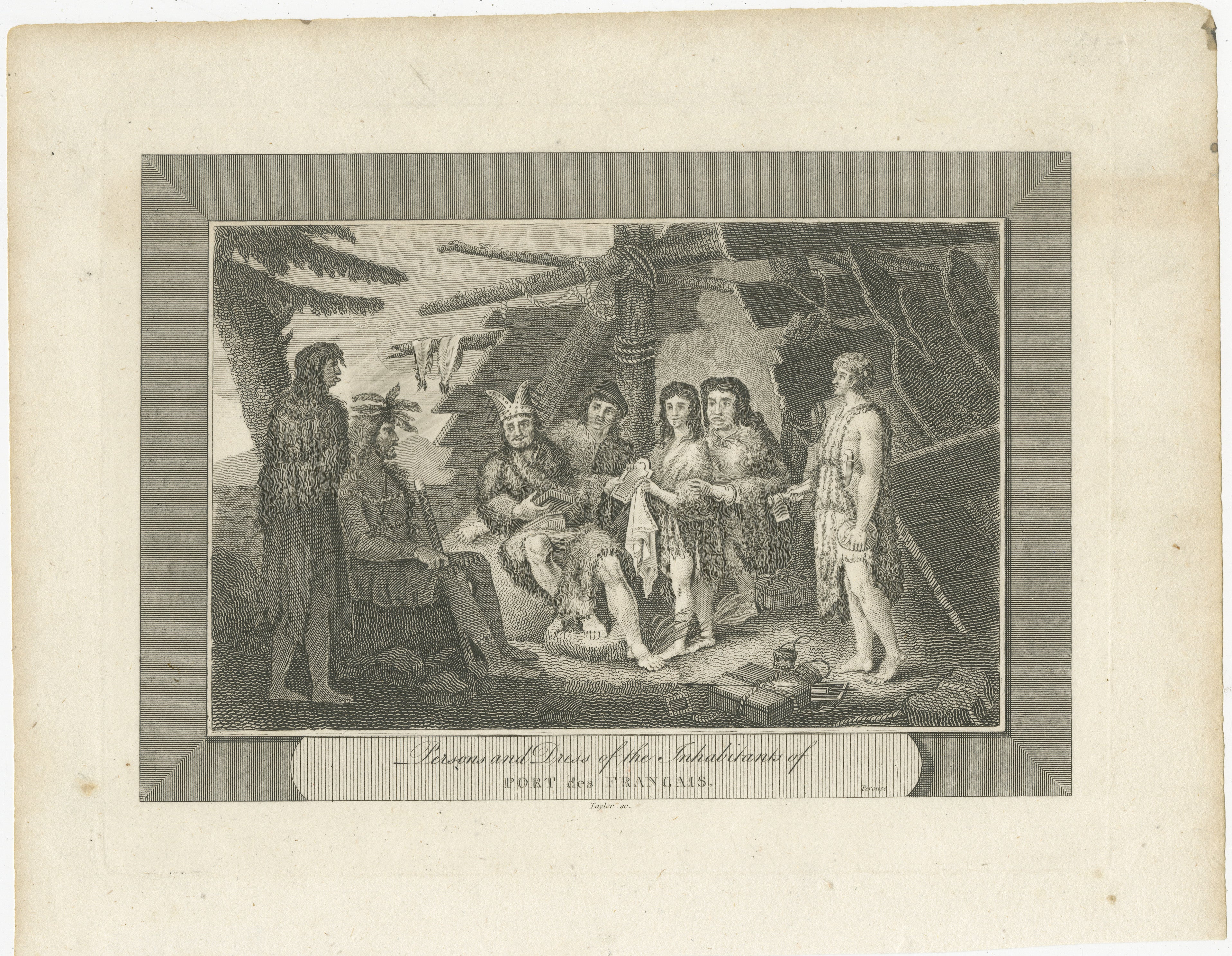 The uploaded authentic engraving for sale portrays a scene of interaction between European explorers and indigenous peoples, identified by the caption as occurring at 