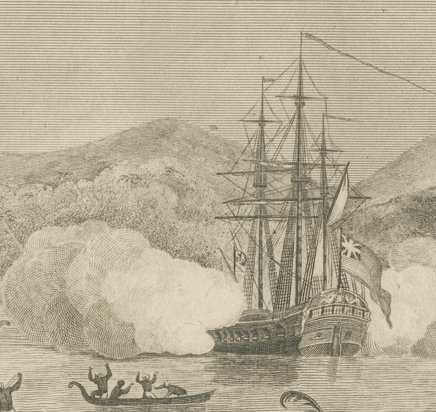 Paper Encounters at Dawn: The Standoff at Tahiti with Captain Wallis Engraved, 1801 For Sale