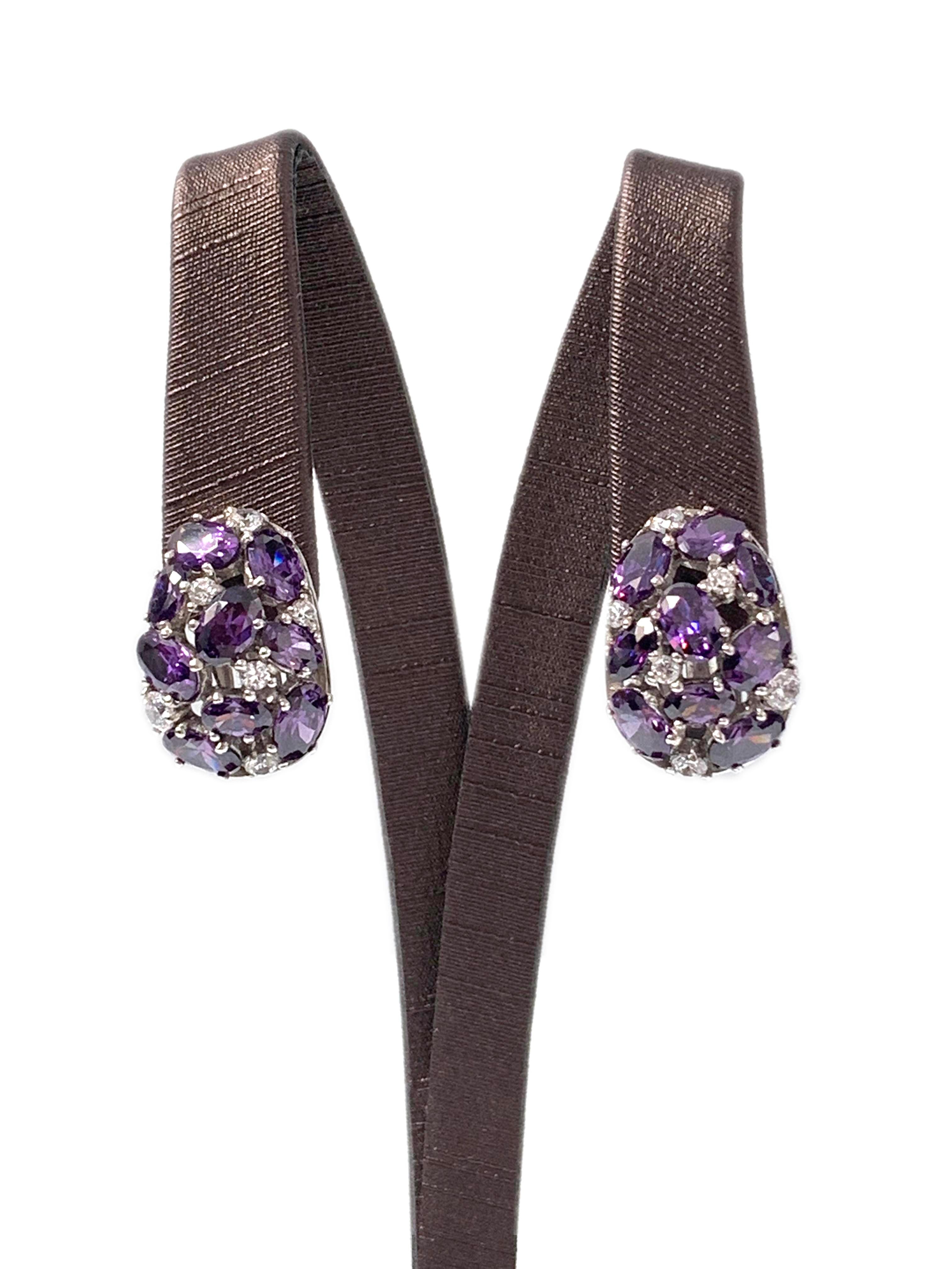 Fabulous egg-shape encrusted Amethyst CZ and Simulated Diamond Clip-on Earrings

These earrings feature 30 pcs of oval Amethyst CZ and round simulated diamond, handset in platinum rhodium plated sterling silver. The earrings measure approximately