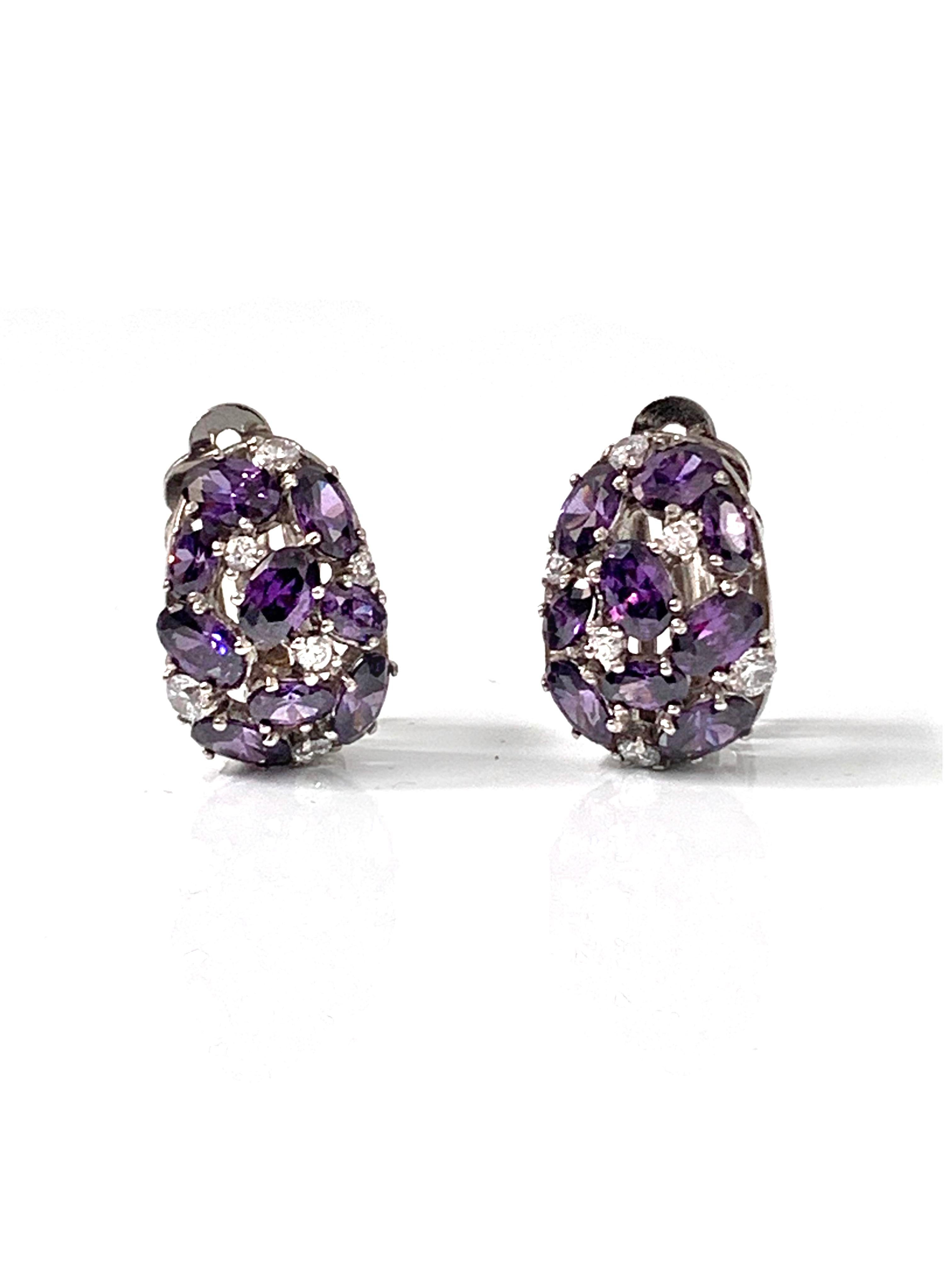 Contemporary Encrusted Amethyst CZ and Simulated Diamond Clip-on Earrings