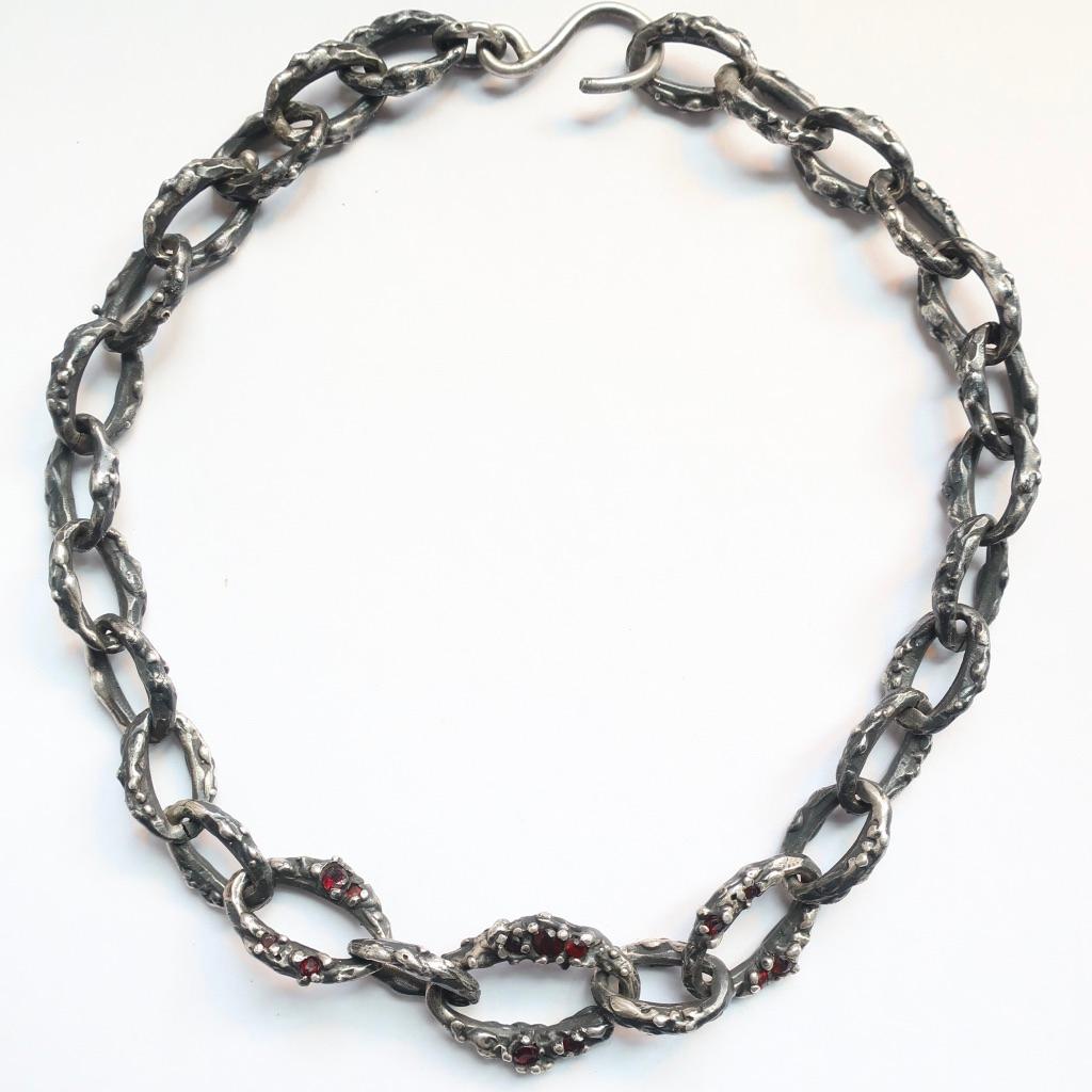 Round Cut Encrusted Garnet Chain Necklace in Sterling Silver For Sale