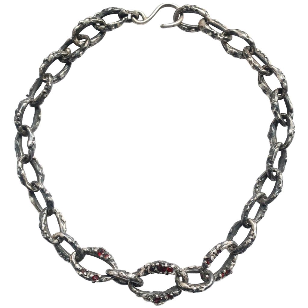 Encrusted Garnet Chain Necklace in Sterling Silver For Sale