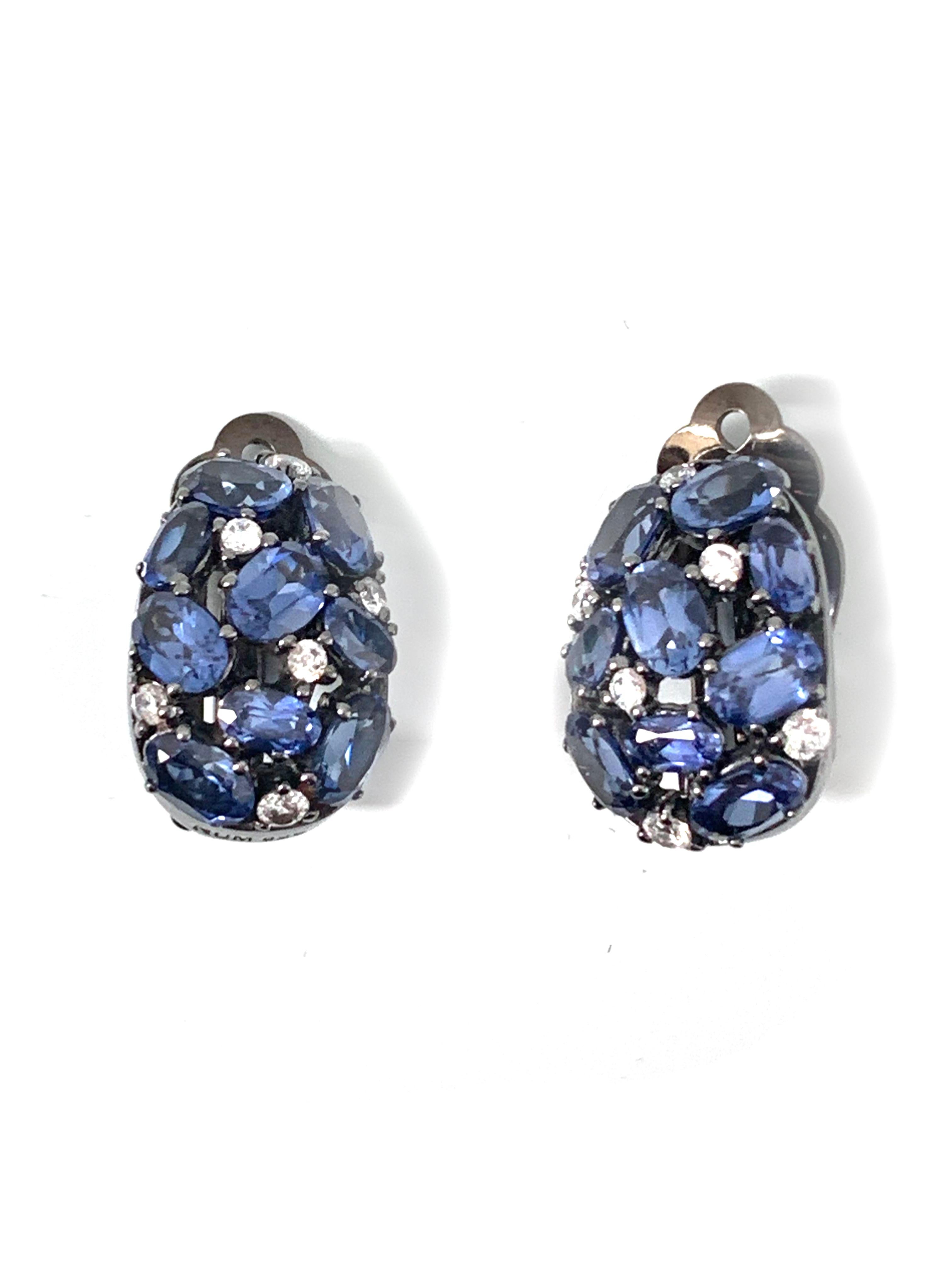 Contemporary Encrusted Lab Sapphire and Simulated Diamond Clip-on Earrings