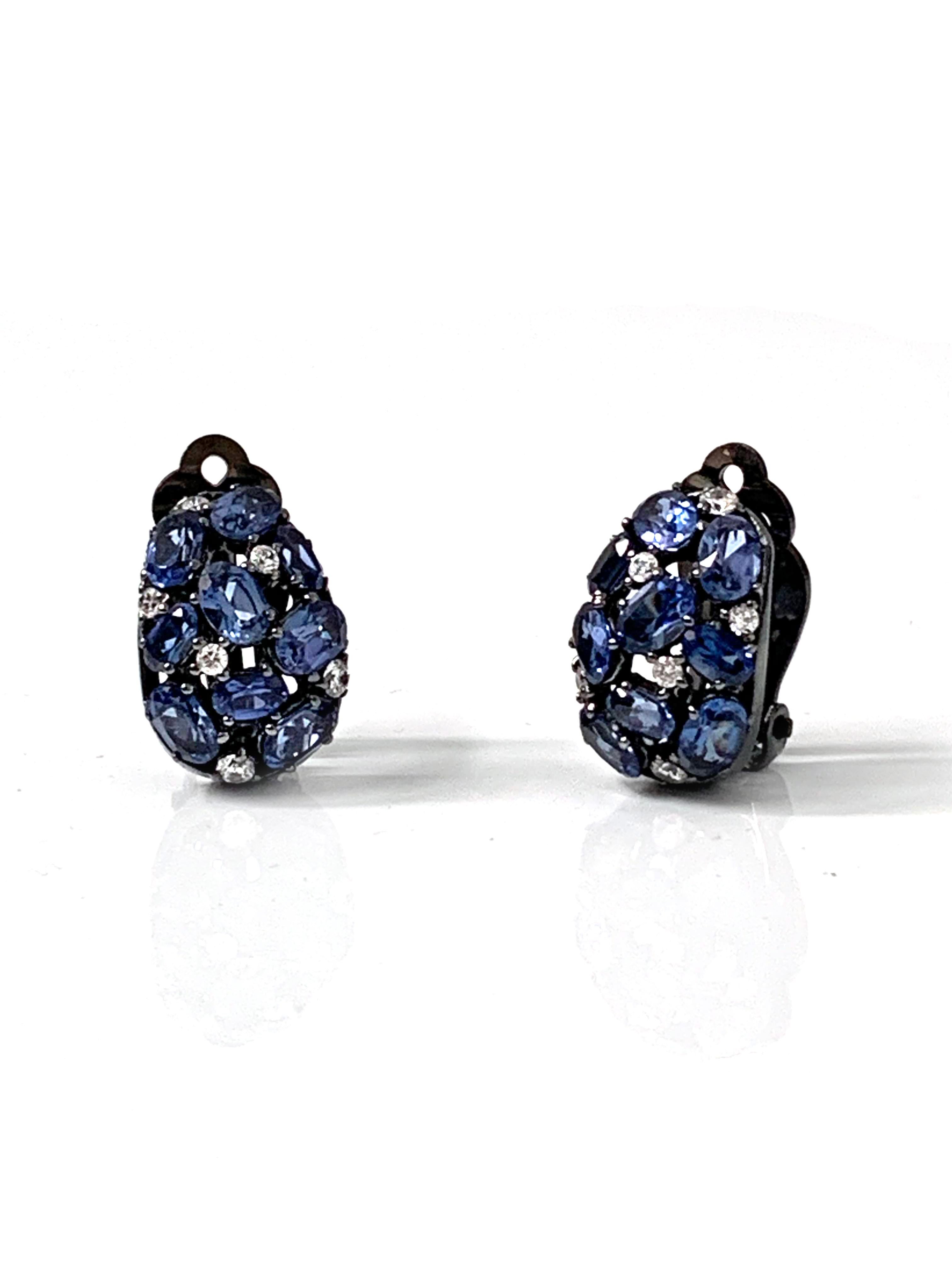 Encrusted Lab Sapphire and Simulated Diamond Clip-on Earrings In New Condition In Los Angeles, CA