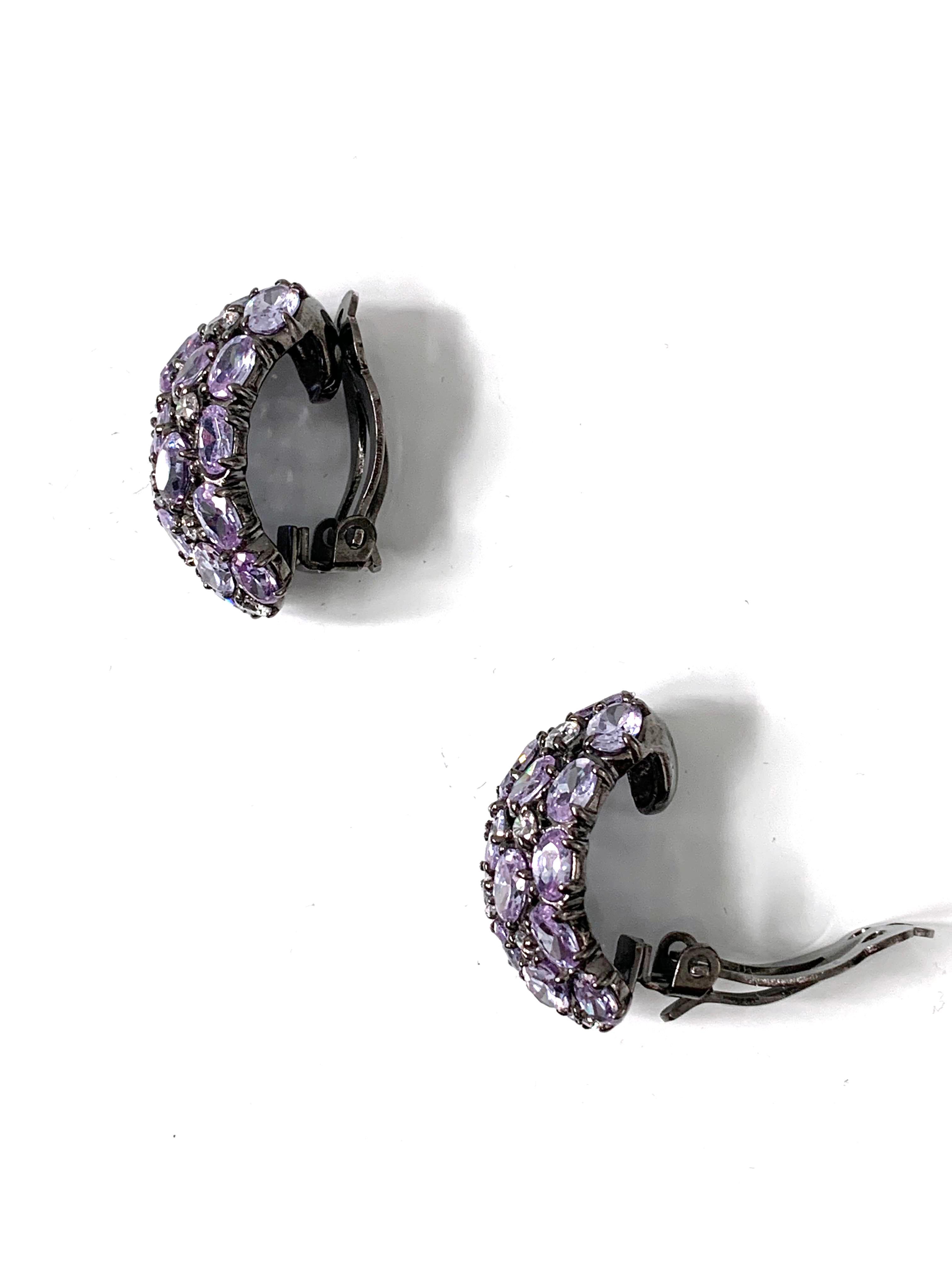 Women's Oval-shape Encrusted Lavender CZ Black Rhodium Clip-on Earrings For Sale