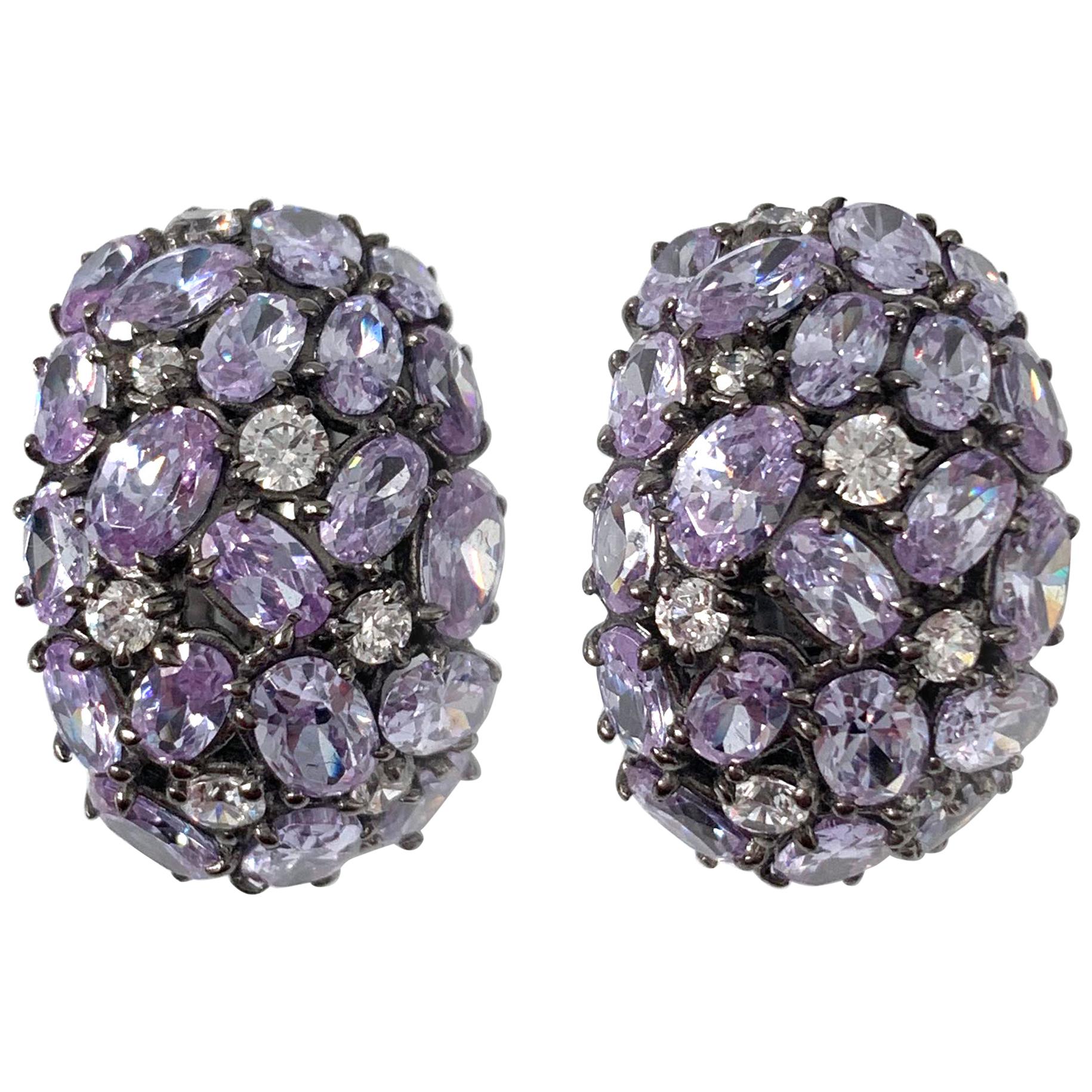 Oval-shape Encrusted Lavender CZ Black Rhodium Clip-on Earrings For Sale
