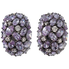 Oval-shape Encrusted Lavender CZ Black Rhodium Clip-on Earrings