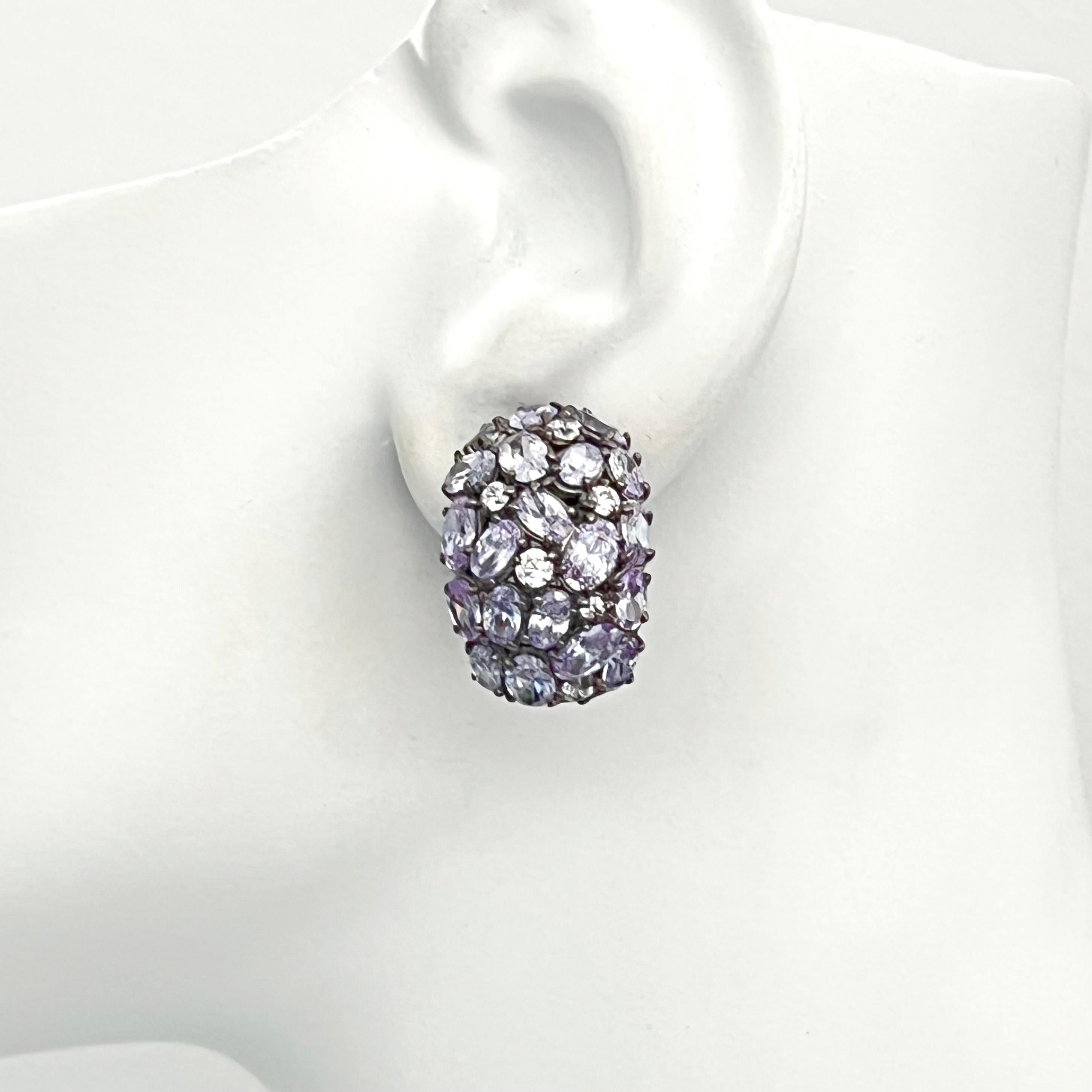 Contemporary Oval-shape Encrusted Lavender CZ Black Rhodium Clip-on Earrings For Sale
