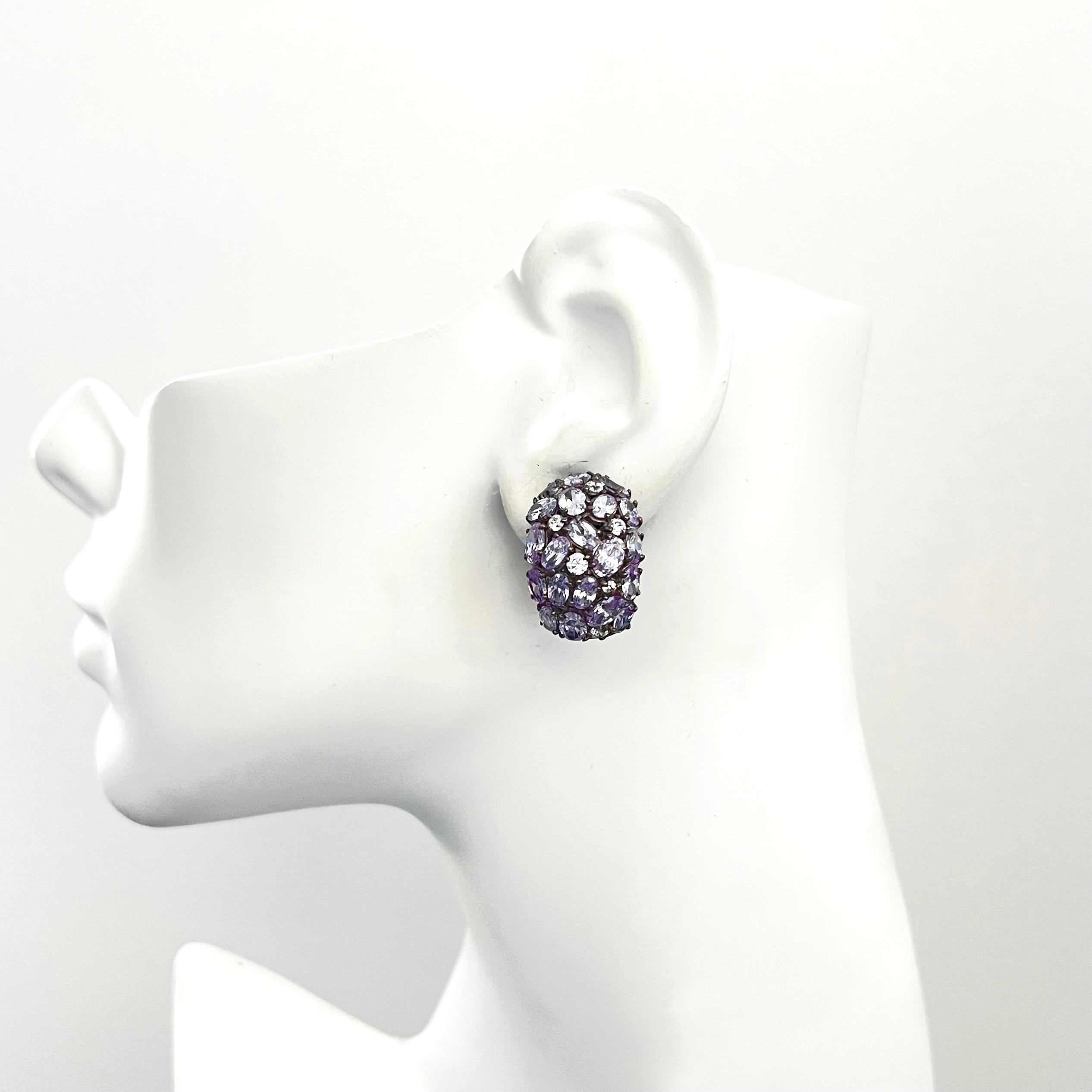 Oval-shape Encrusted Lavender CZ Black Rhodium Clip-on Earrings In New Condition For Sale In Los Angeles, CA