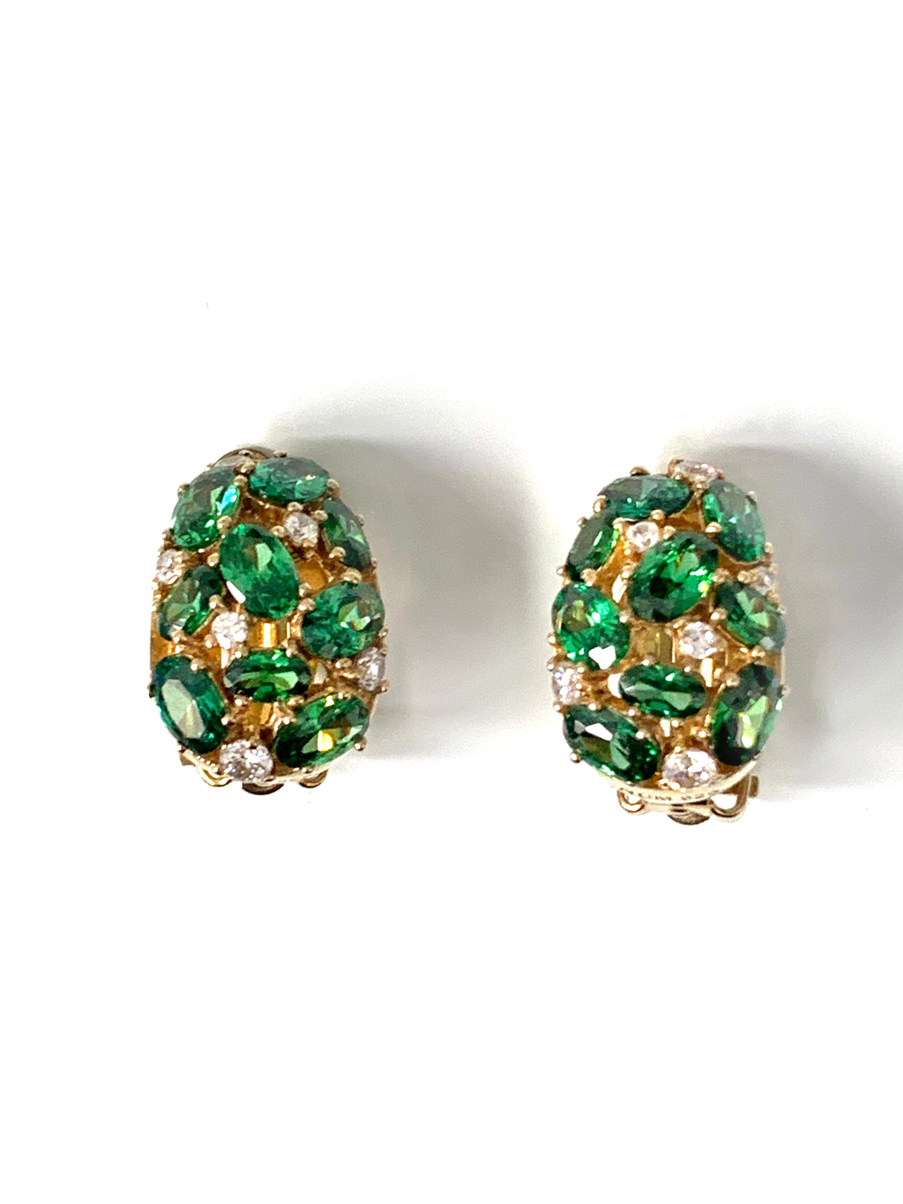 Contemporary Encrusted Nano Green Emerald Crystal and Simulated Diamond Clip-on Earrings For Sale
