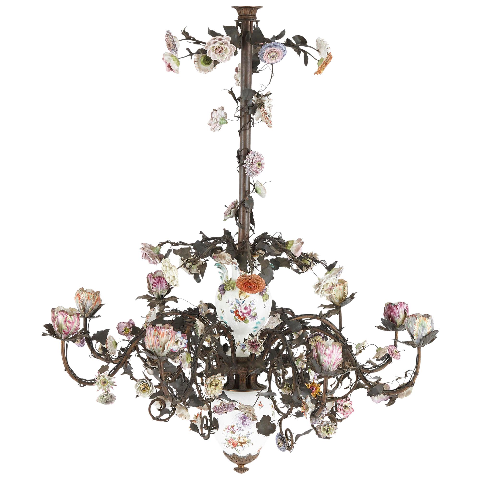 TwoTier Meissen Porcelain Chandelier with Birds and Flower Decorations