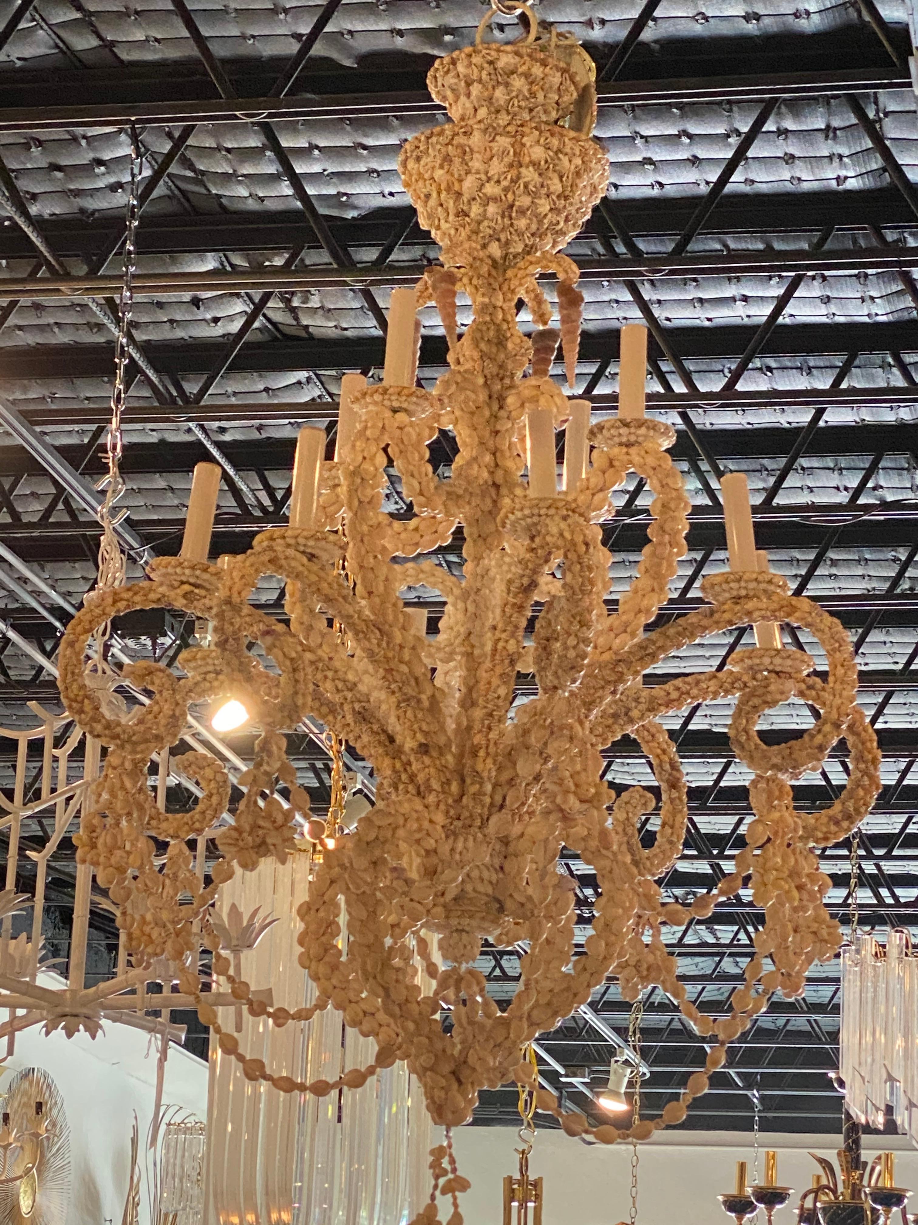 Lovely encrusted seashell shell 12-light chandelier. Comes with matching ceiling canopy.