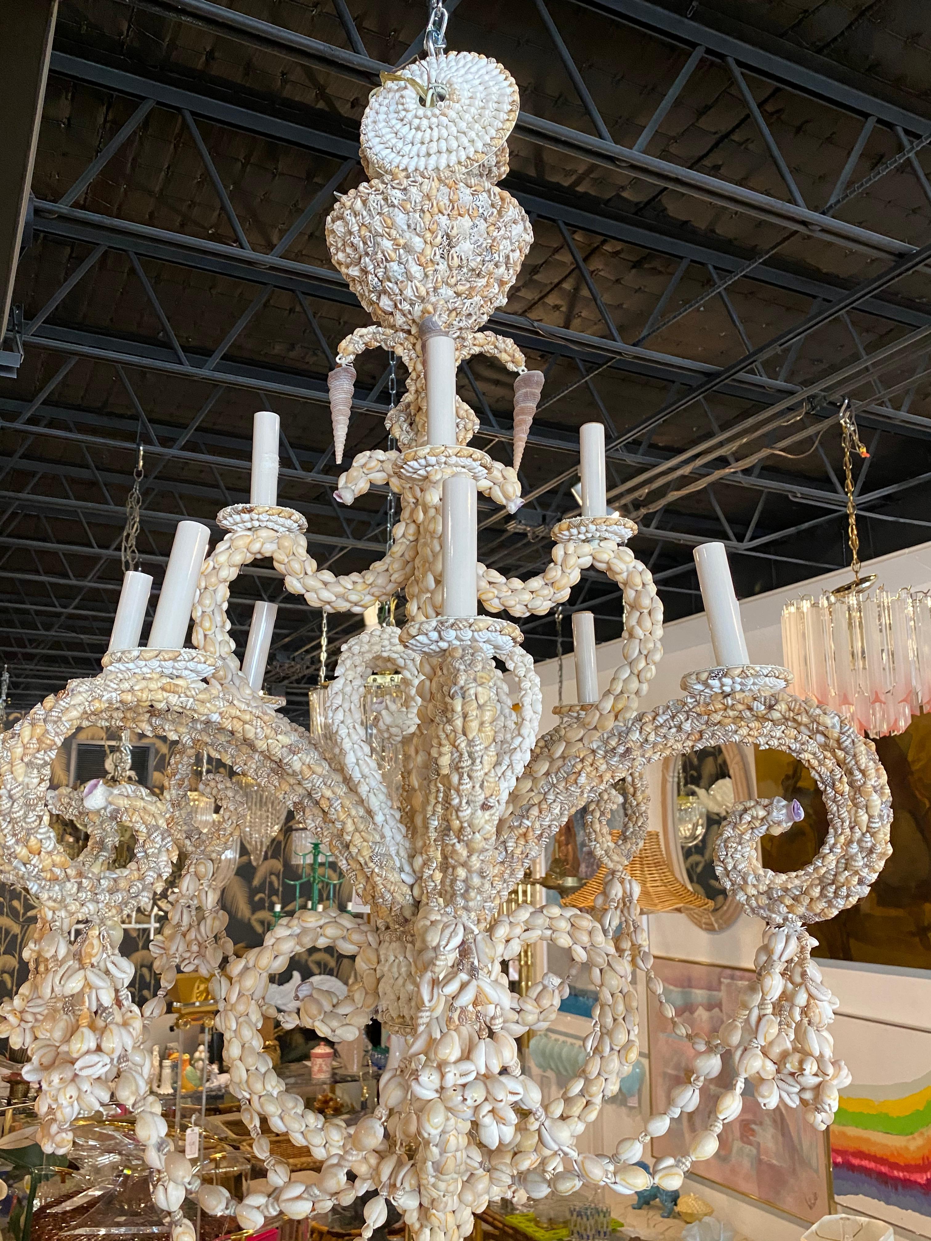 Encrusted Seashell Shell Palm Beach 12-Light Chandelier In Good Condition In West Palm Beach, FL